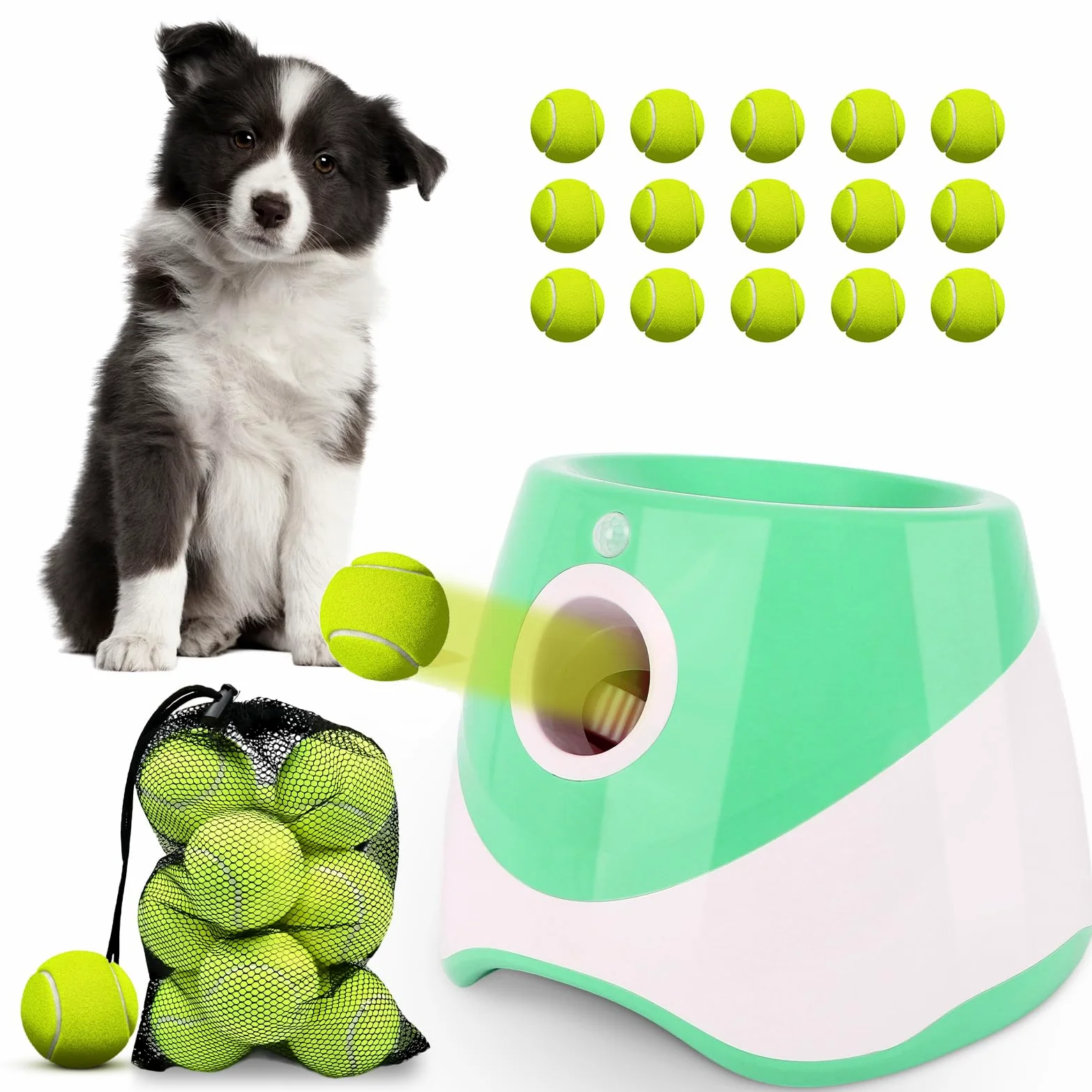 FAHKNS Lanceur Automatique de balles pour Chiens de Petite Taille, Jouet interactif d'intérieur/extérieur pour Chien, Lanceur de balles Rechargeable par USB, 3 à 9,1 m, Comprend 15 Mini balles de