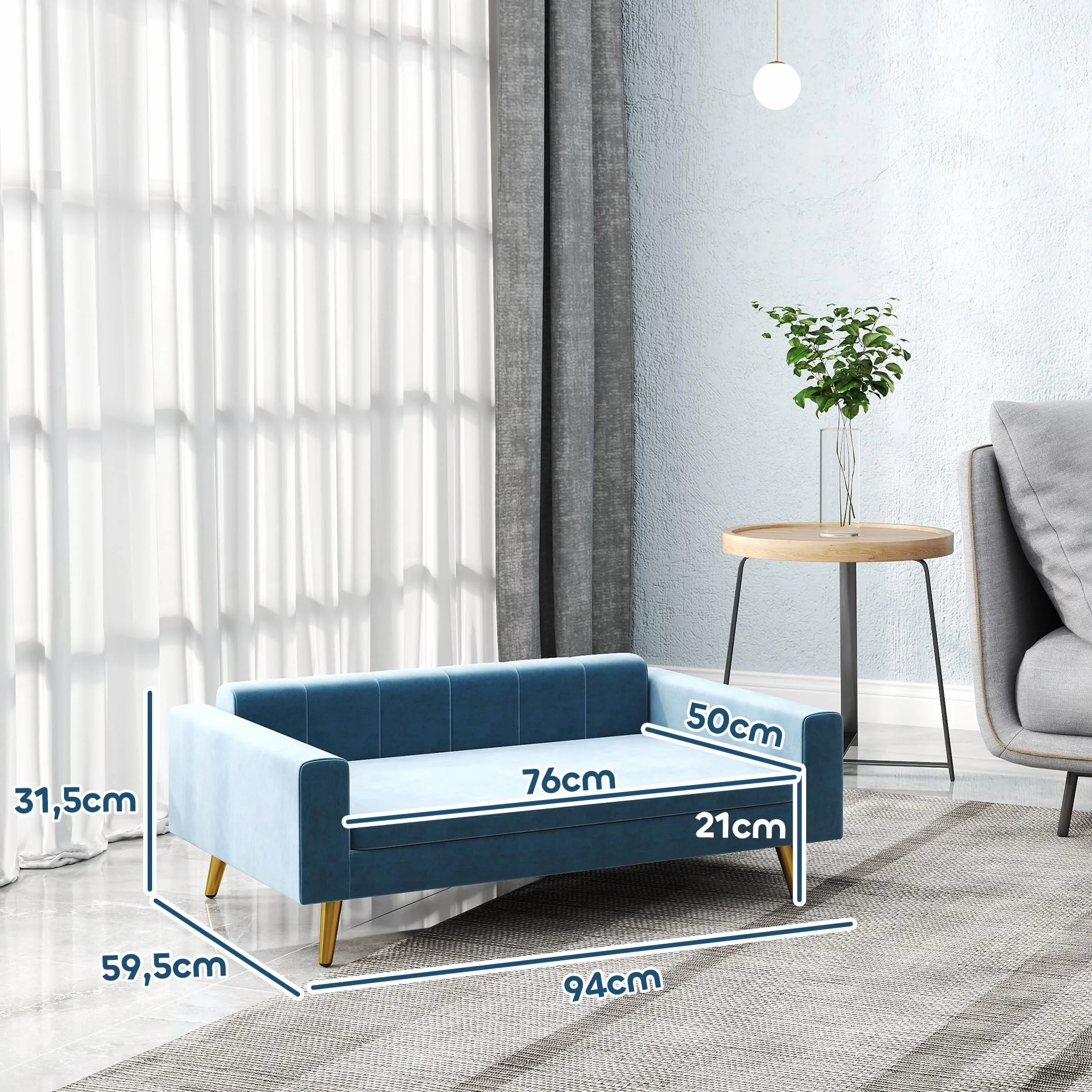 PawHut Canapé Chien 94 x 59,5 x 31,5 cm Bleu Velours Soyeux Pieds Acier Inoxydable