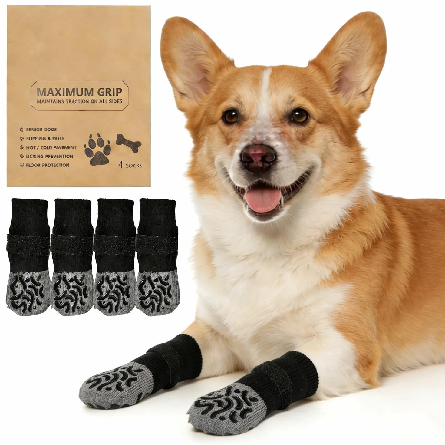 Chaussons pour Chien Protection Plaie Anti-Léchage 2 Paires Protège-Pattes Antidérapants avec Poignées Noir M