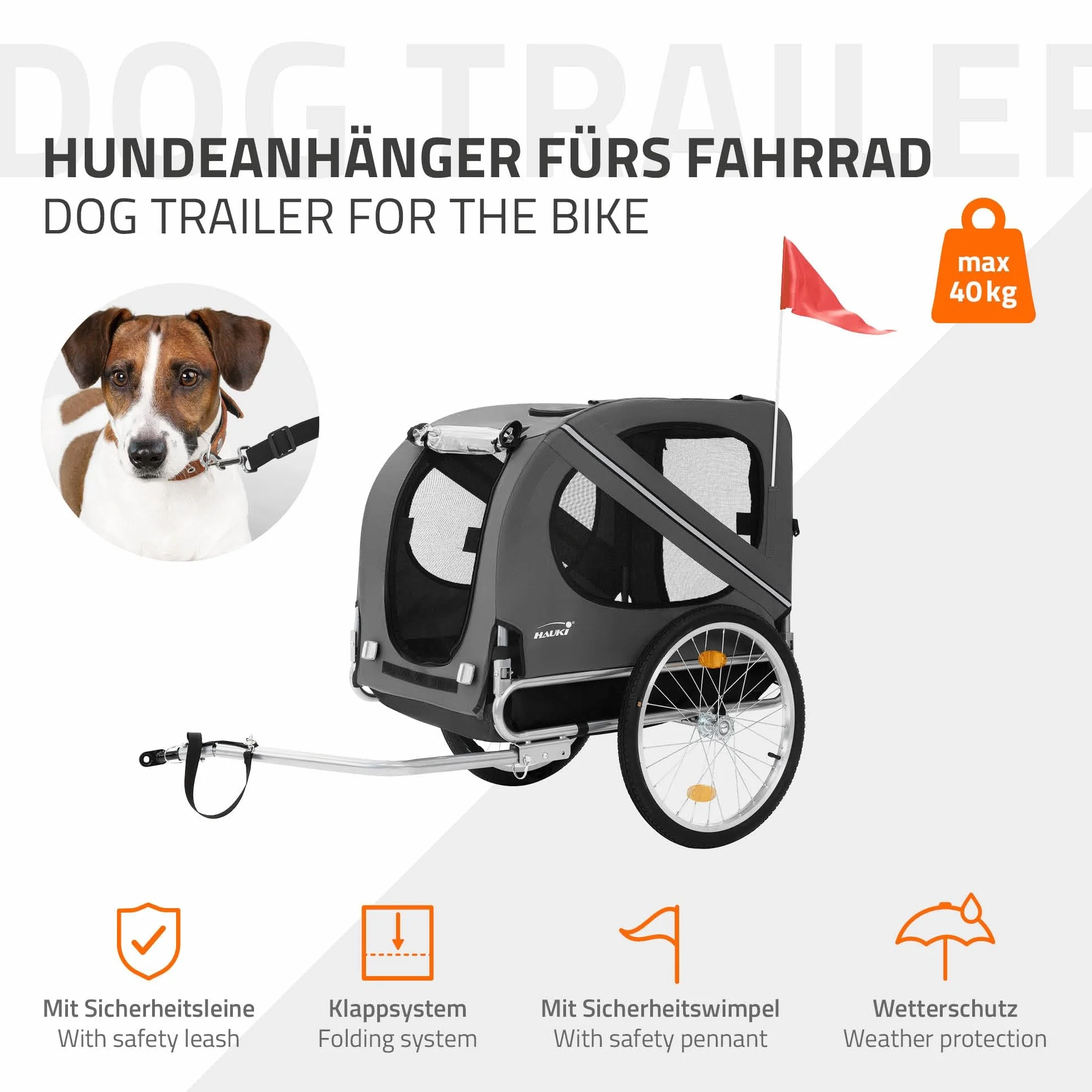 Hauki Remorque 2in1 de Vélo et Poussette de Chien, Pliable, Gris, en Acier/Tissu Oxford, 130x72x90 cm, Chariot avec Réflecteurs Laisse et Drapeau, Charge Max. 40 kg, Transport d'animaux de Compagnie