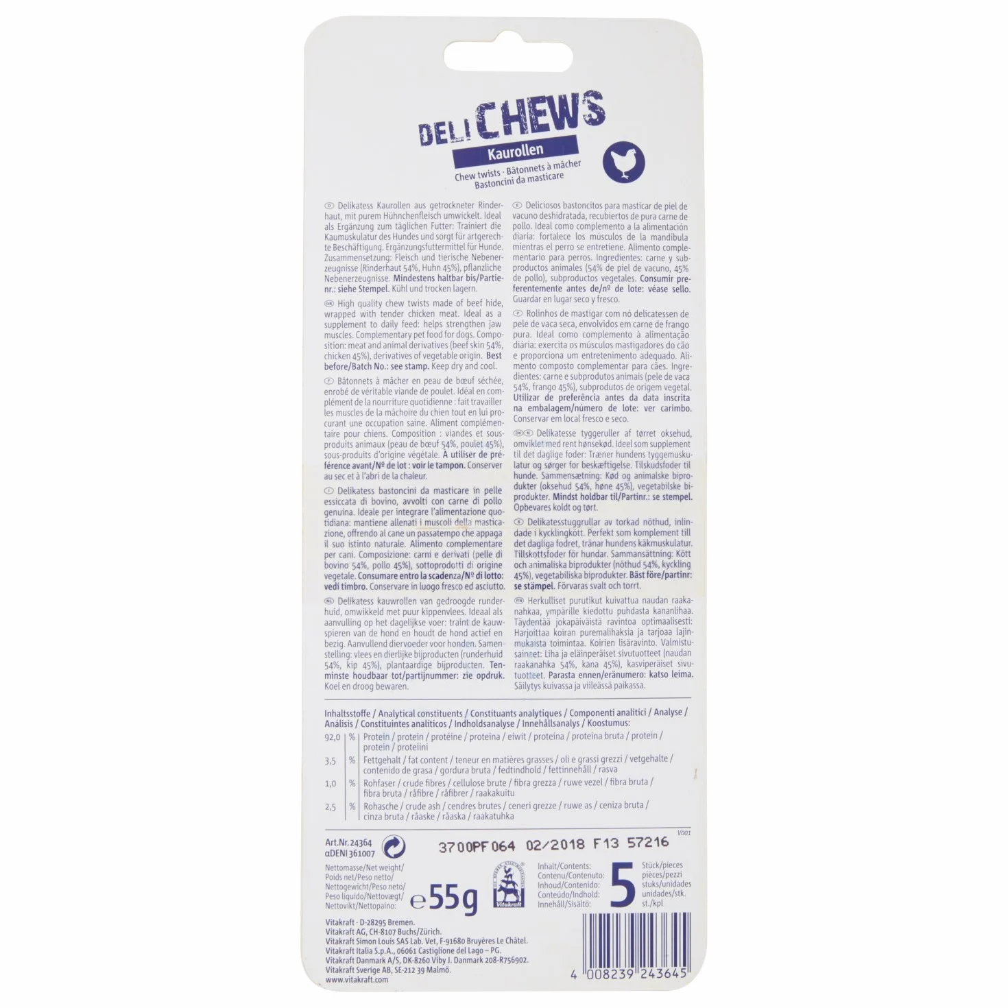 VITAKRAFT Bâtonnets À Mâcher Pour Chien Au Poulet En Peau de Buffle Séchée Taille S Pack de 5