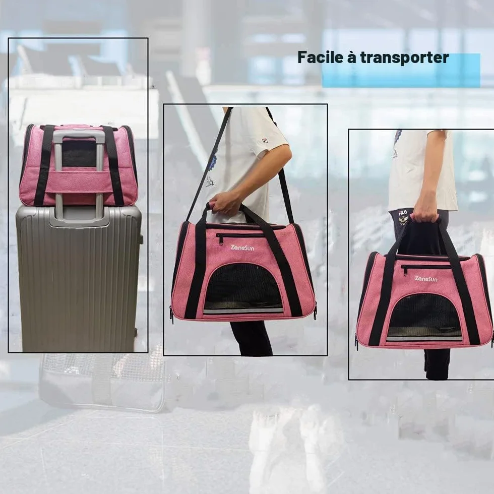 ZaneSun Sac de transport souple pour chat et chien petite taille, approuvé compagnies aériennes, voyage, respirant, 5 fenêtres maille rose