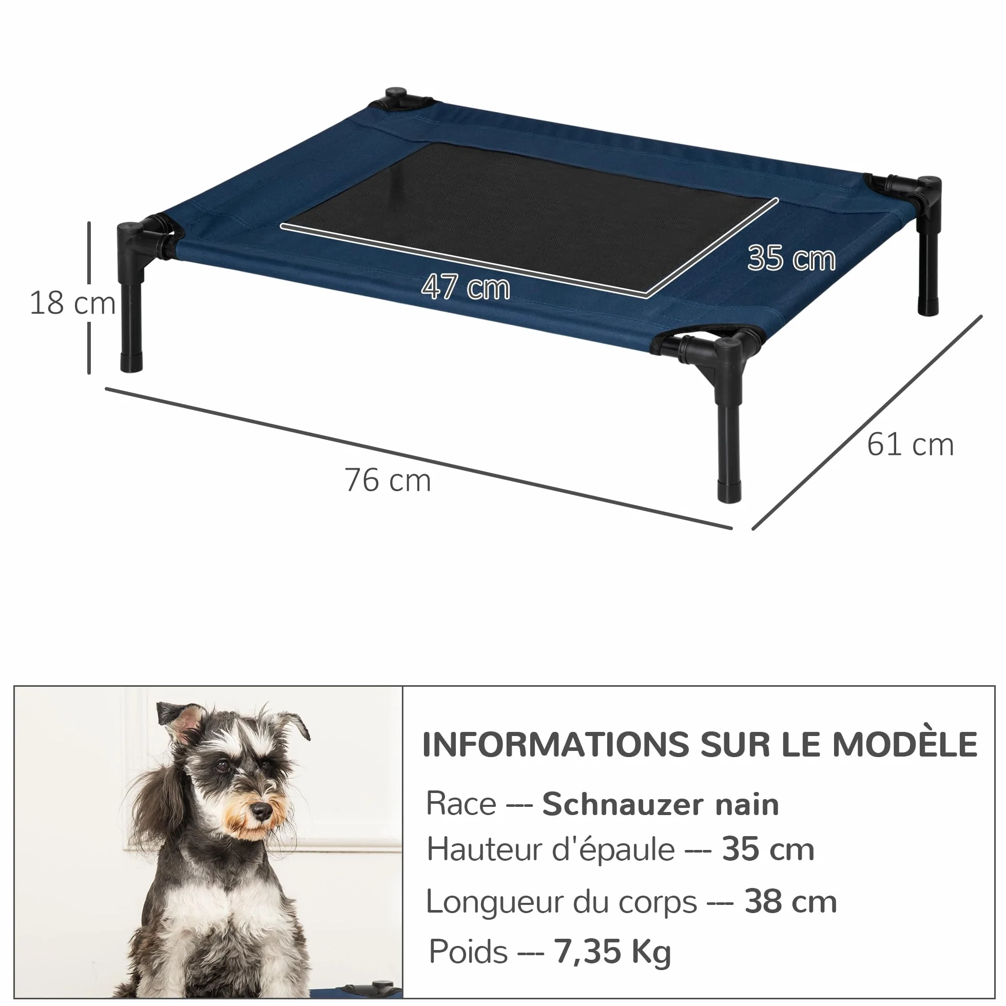 PawHut Lit pour Chien Chat de Camp Grand Confort Tissu Oxford Micro-perforé 76x61x18 cm Bleu Marine Noir