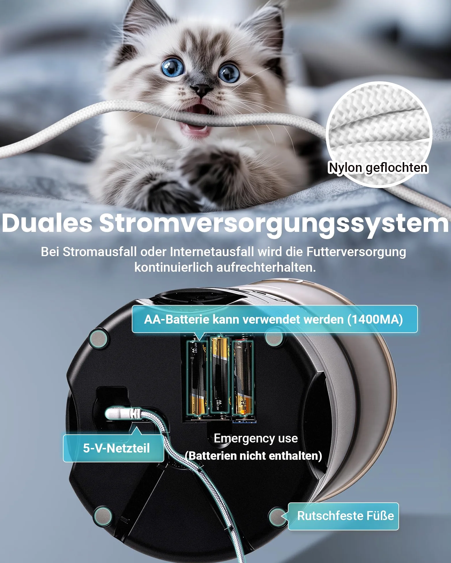 Mangeoire automatique pour chat avec application et minuterie, 6 l/25 tasses, 3 gamelles, 3 paquets de déshydratants, système anti-obstruction, WiFi 2,4 G, enregistrement vocal 10 s, distributeur de