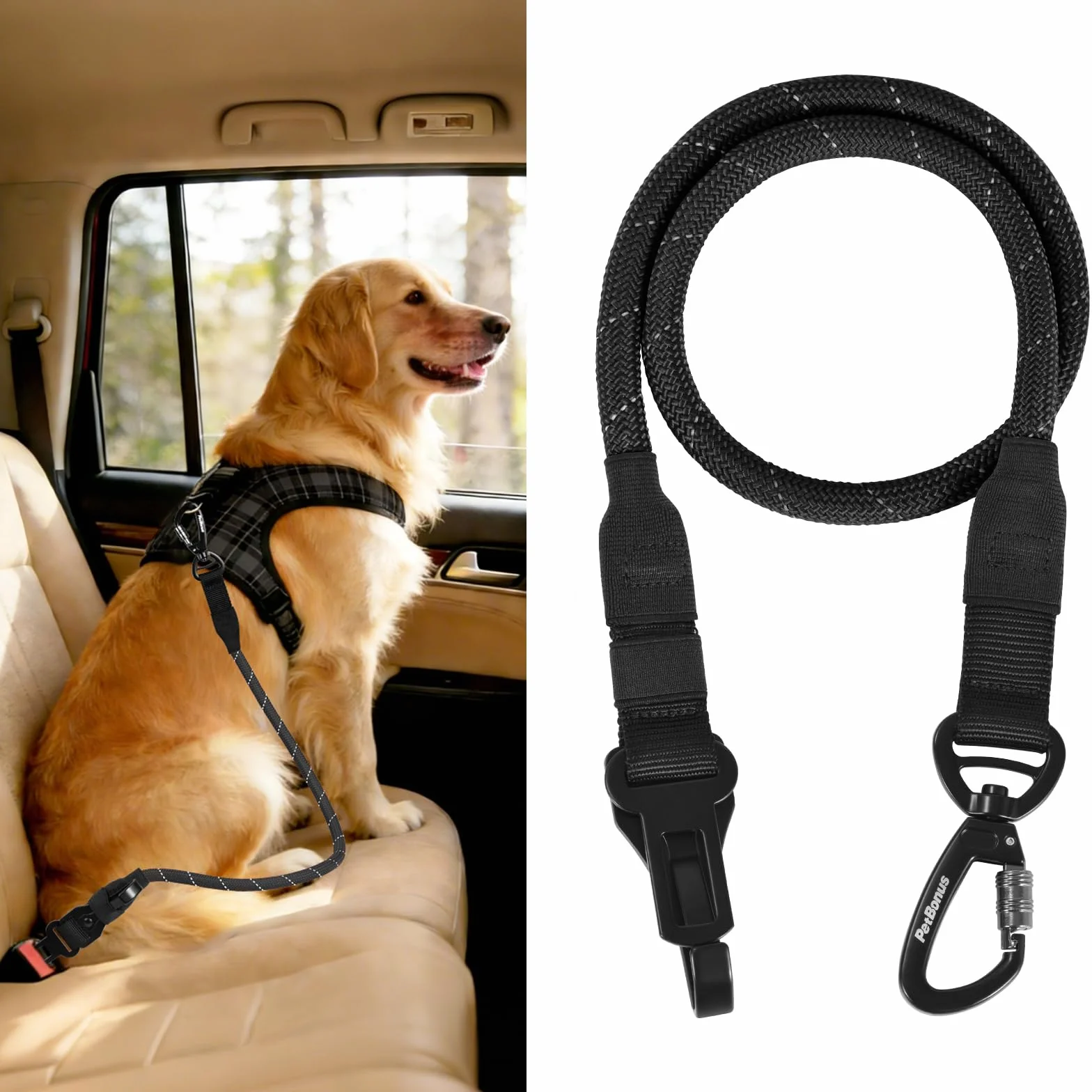 PetBonus Harnais Voiture Chien Ceinture Sécurité Nylon Indéchirable Toutes Tailles Noir