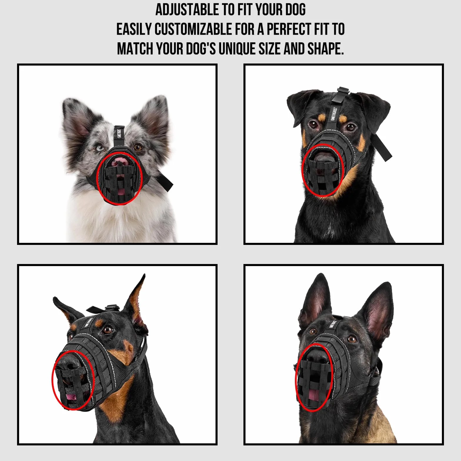 OneTigris Muselières pour Chiens, Maille Respirante Nylon, Museliere pour Chiens Ajustable avec Sangles Velcro, Respectueuse du Chien Qui Peut Haleter Et Boire, Museliere Anti Aboiement, XL