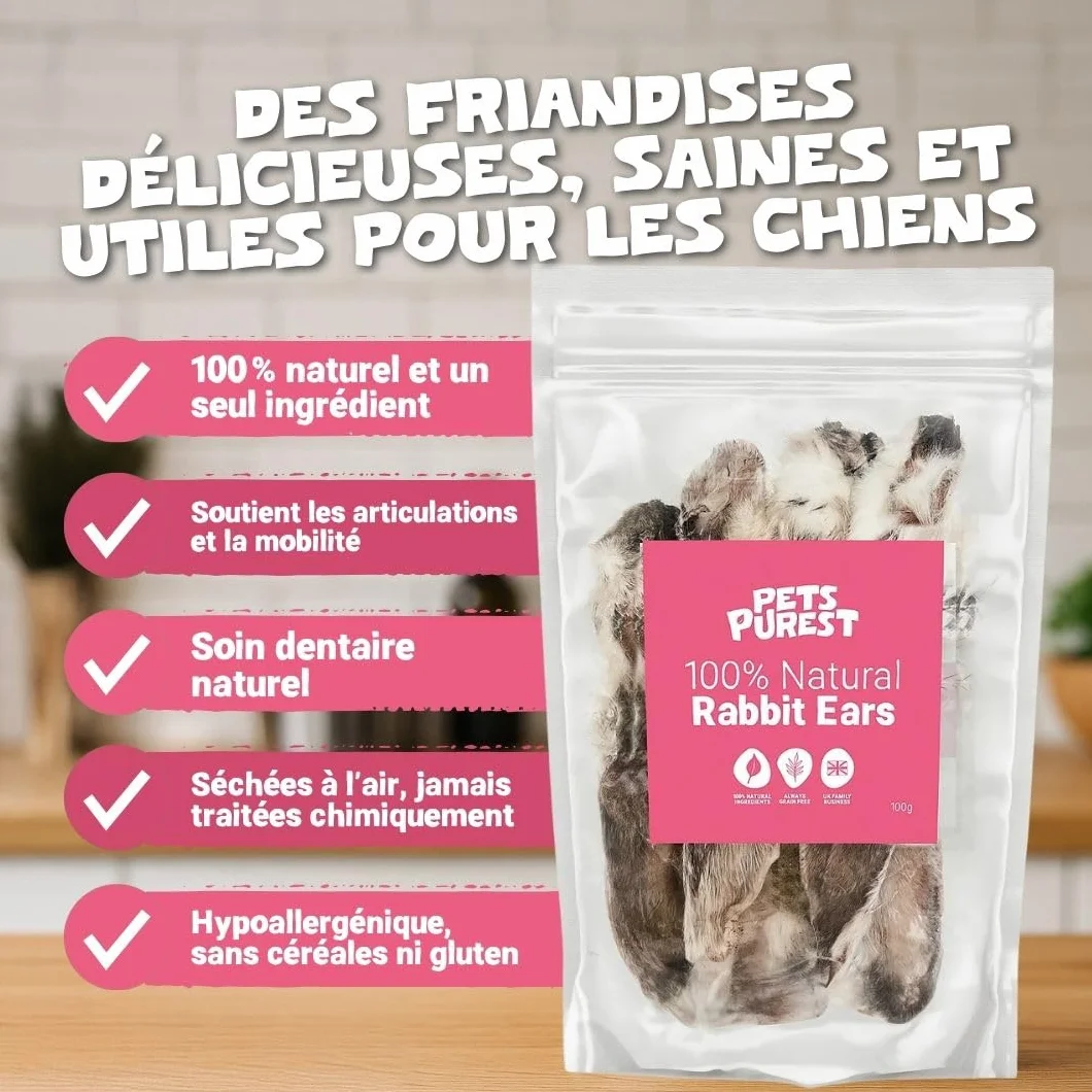 Pets Purest Oreilles de Lapin avec Fourrure pour Chiens, Chiots & Seniors - Friandise à Mâcher 100% Naturelles, Séchées à l'Air, pour Les Aliments Crus et Les Régimes Hypoallergéniques sans Céréales.