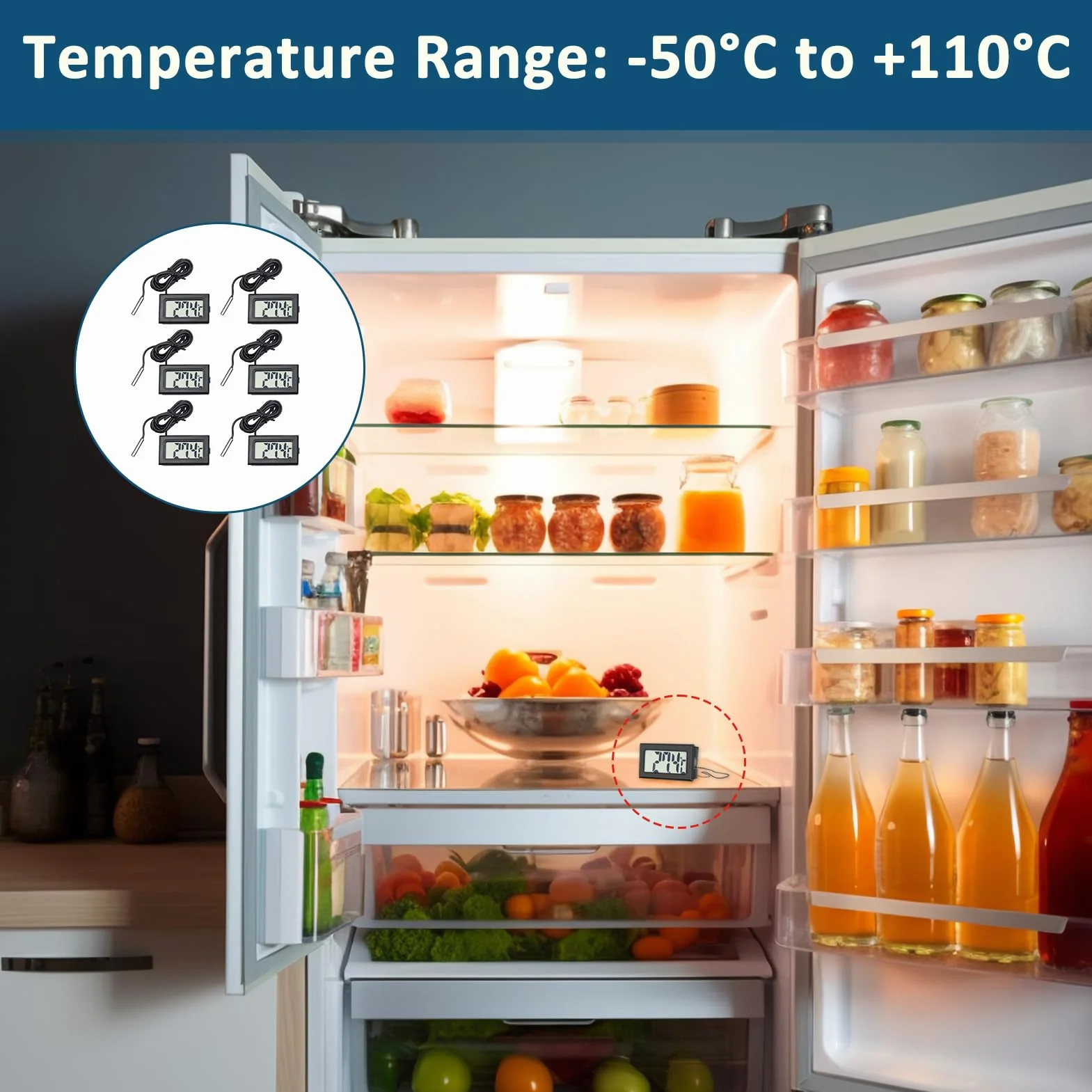 Thermomètre Frigidaire 6 Pièces avec Sonde, Mini Thermomètre Numérique LCD Température pour Réfrigérateur Congélateur, Étanche, Fonction Mémoire Min/Max