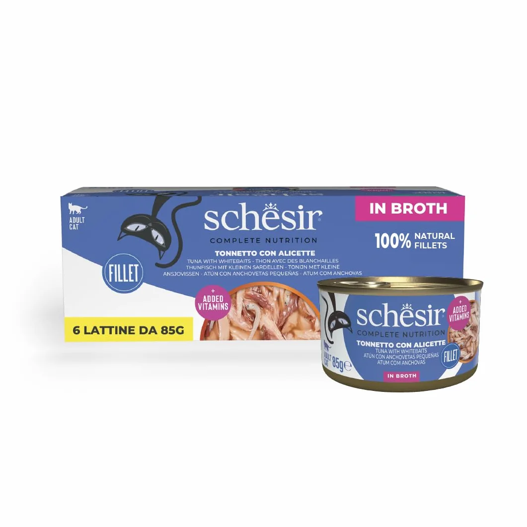Schesir, Thon avec alicette en Bouillon, Nourriture Humide complète pour Chats, en Conserve, avec des vitamines supplémentaires, 100% Naturel, 6 x 85 g
