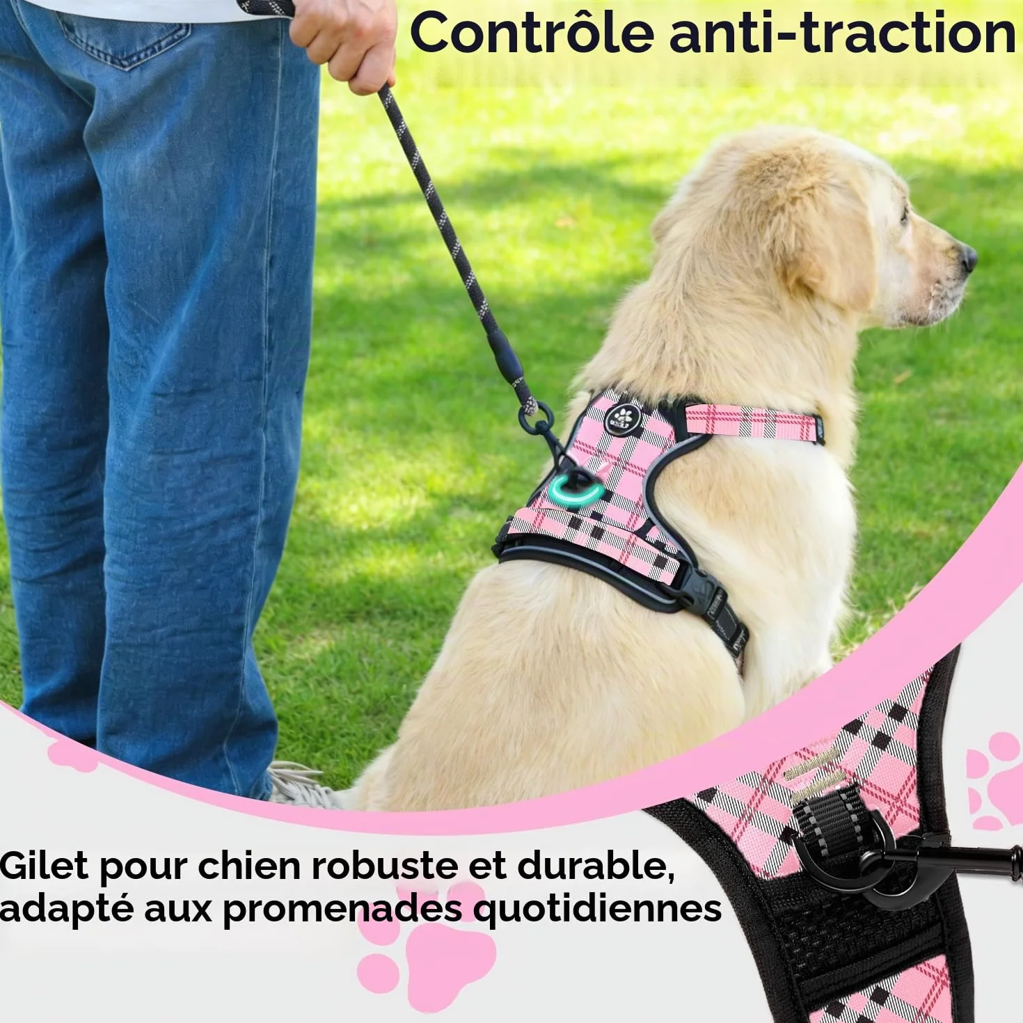 NESTROAD Harnais Anti Traction Chien Moyen Rose Plaid Taille M 33~43CM 43~64CM