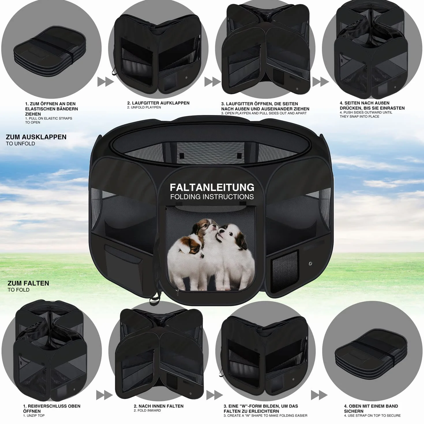 Parc pour Chiots XXL pour Chiens Chats Lapins Intérieur Extérieur Noir