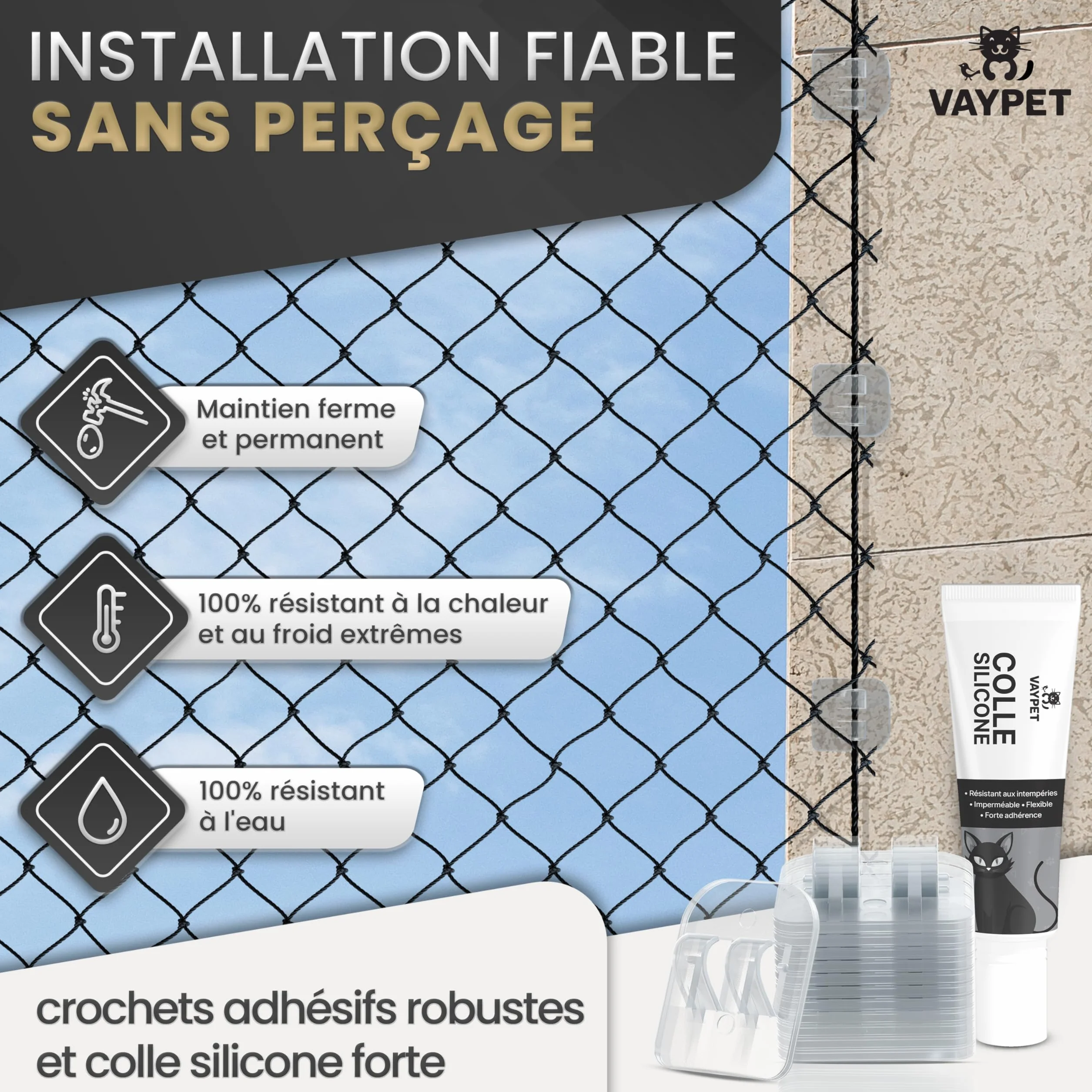 VAYPET® 100 Crochets Filet Chat Colle Silicone 60ml Fixation Attache Filet Chat Balcon sans Perçage Crochet Adhésif Extérieur Transparent