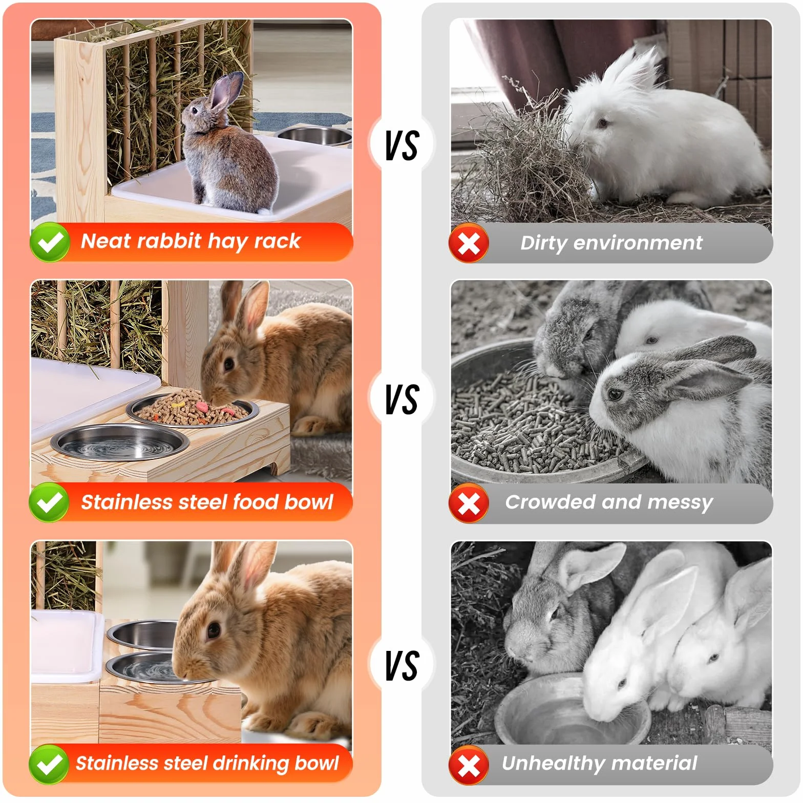 Râtelier à foin 3 en 1 pour lapin en bois avec deux bols distributeur nourriture petits animaux
