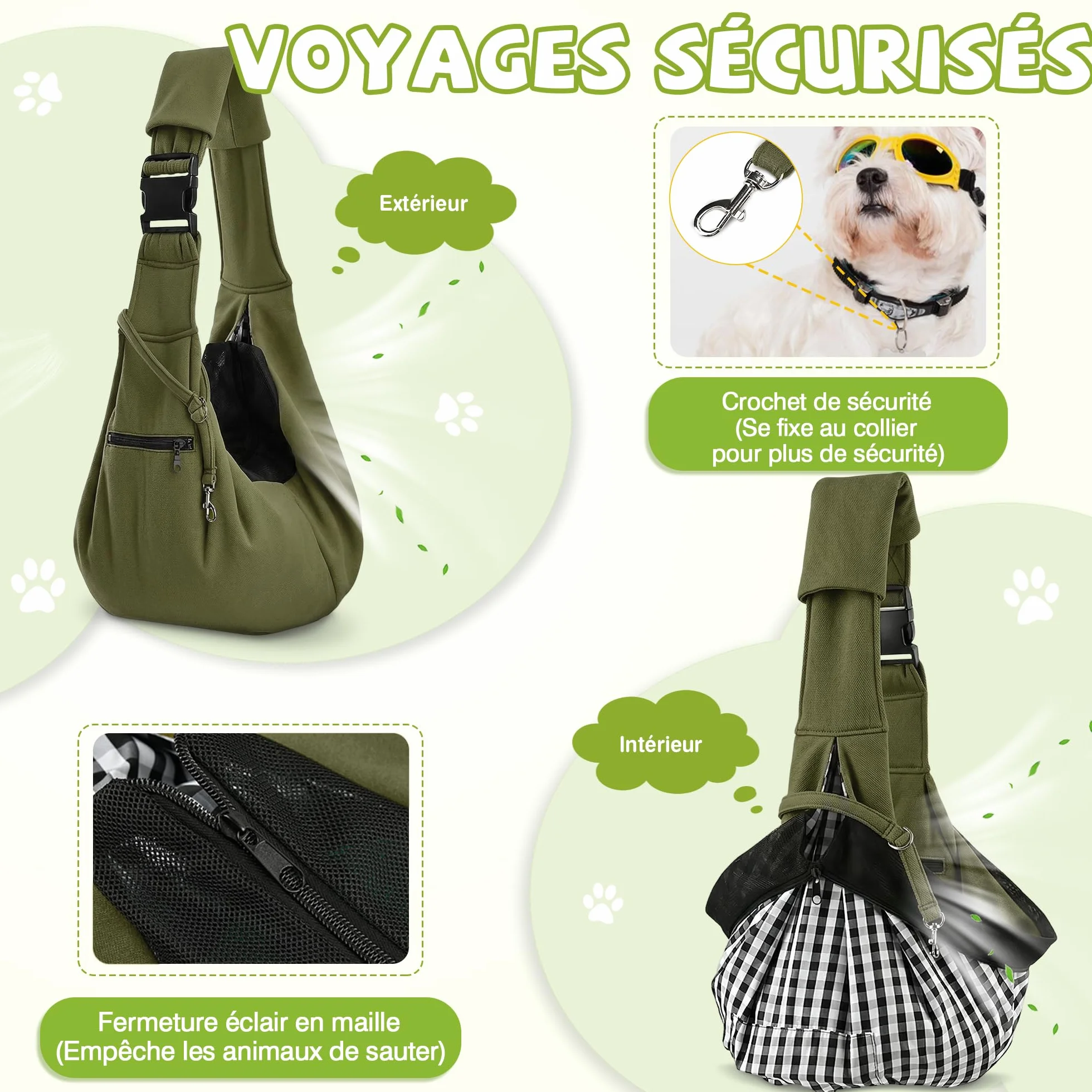 ALLSOPETS Sac de Transport Chien Chat, Sac Bandoulière Respirant pour Petit Chien avec Crochet de Sécurité, Vert Olive