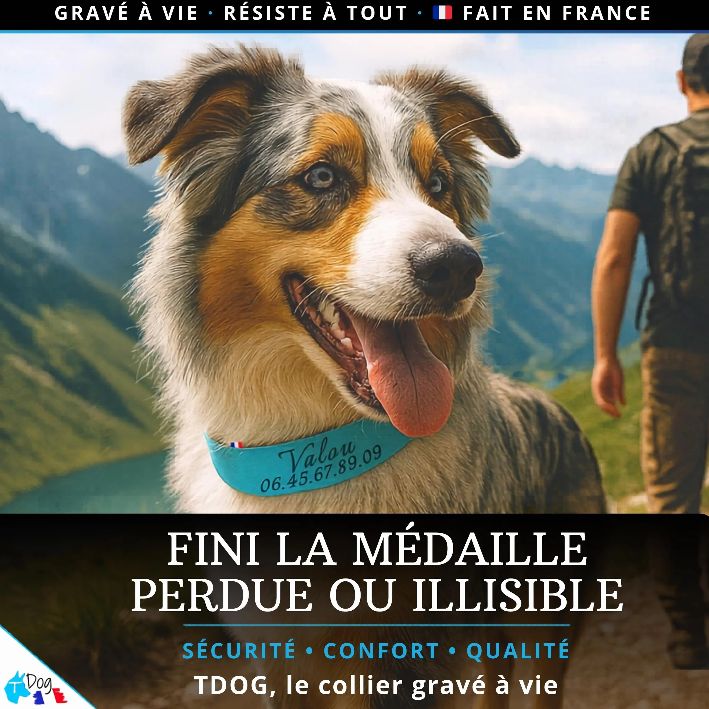 Collier Chien personnalisé Biothane Fait Main France gravé au Laser prénom numéro téléphone étanche résistant TDOG Rouge