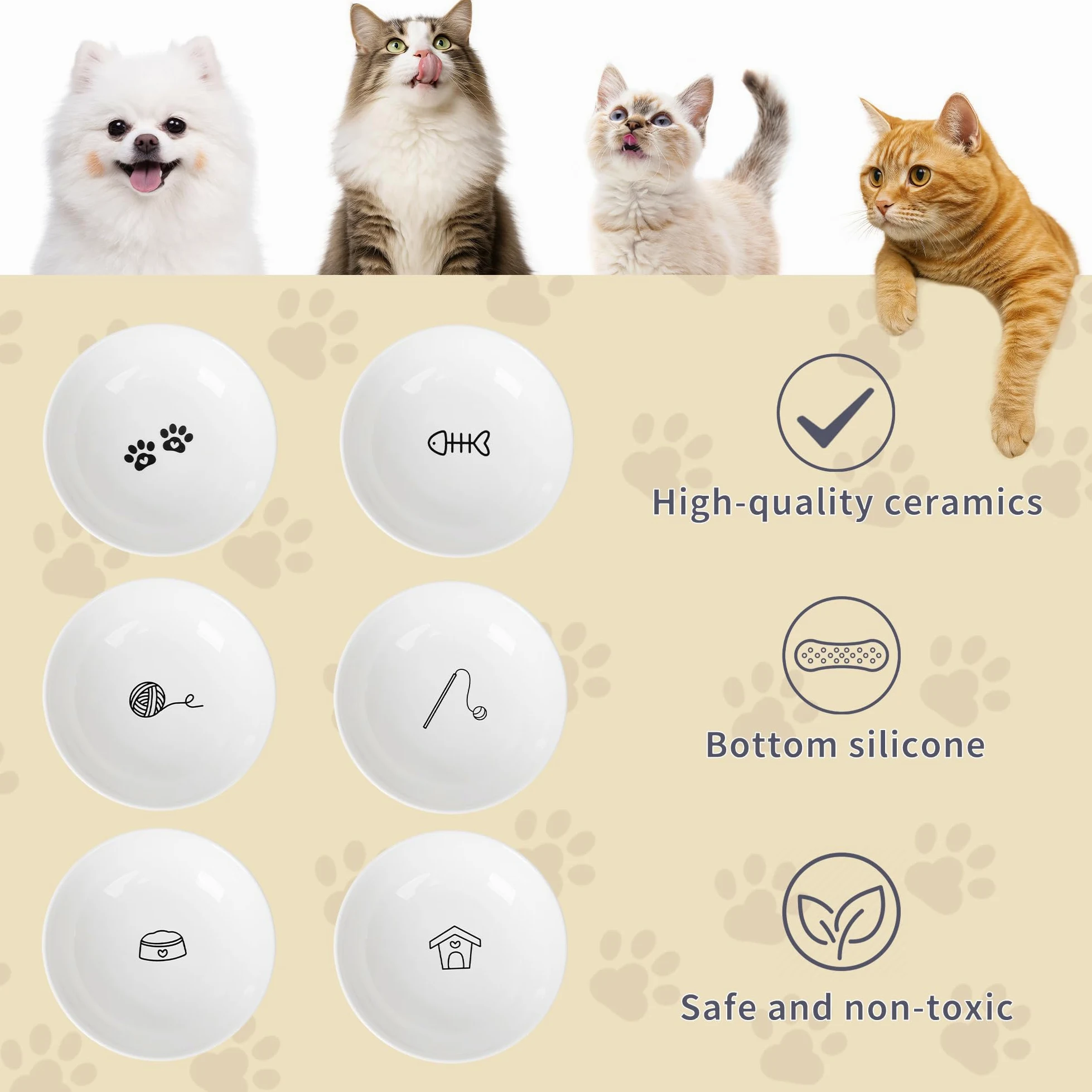 Lot de 6 gamelles pour chat en céramique anti-moustaches et fatigue - Assiettes peu profondes pour nourriture humide et sèche et eau - Base en silicone antidérapante (éléments classiques