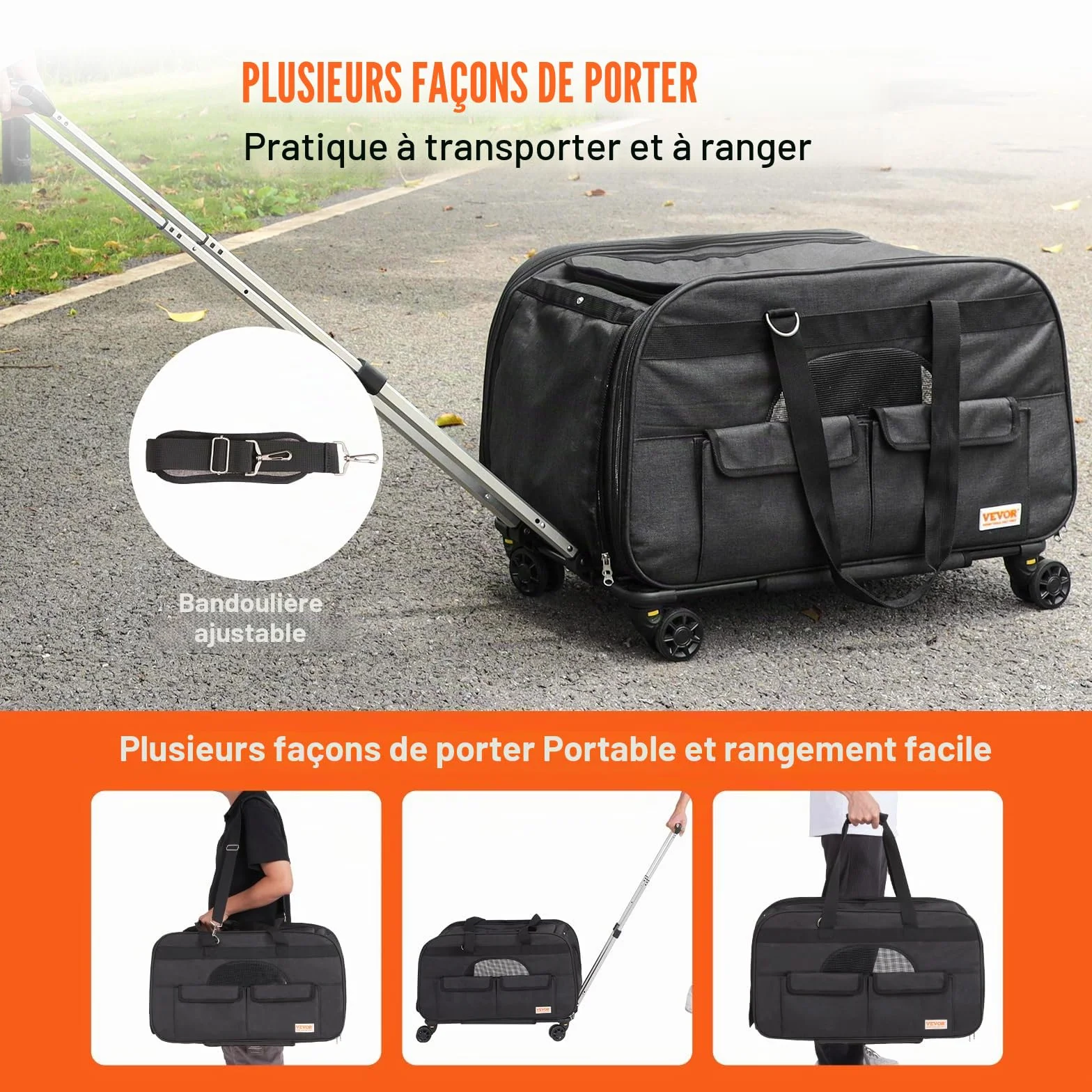 VEVOR Sac à Roulettes pour Chat Chien 15,8 kg Sac de Transport Animaux Poignée Télescopique Noir