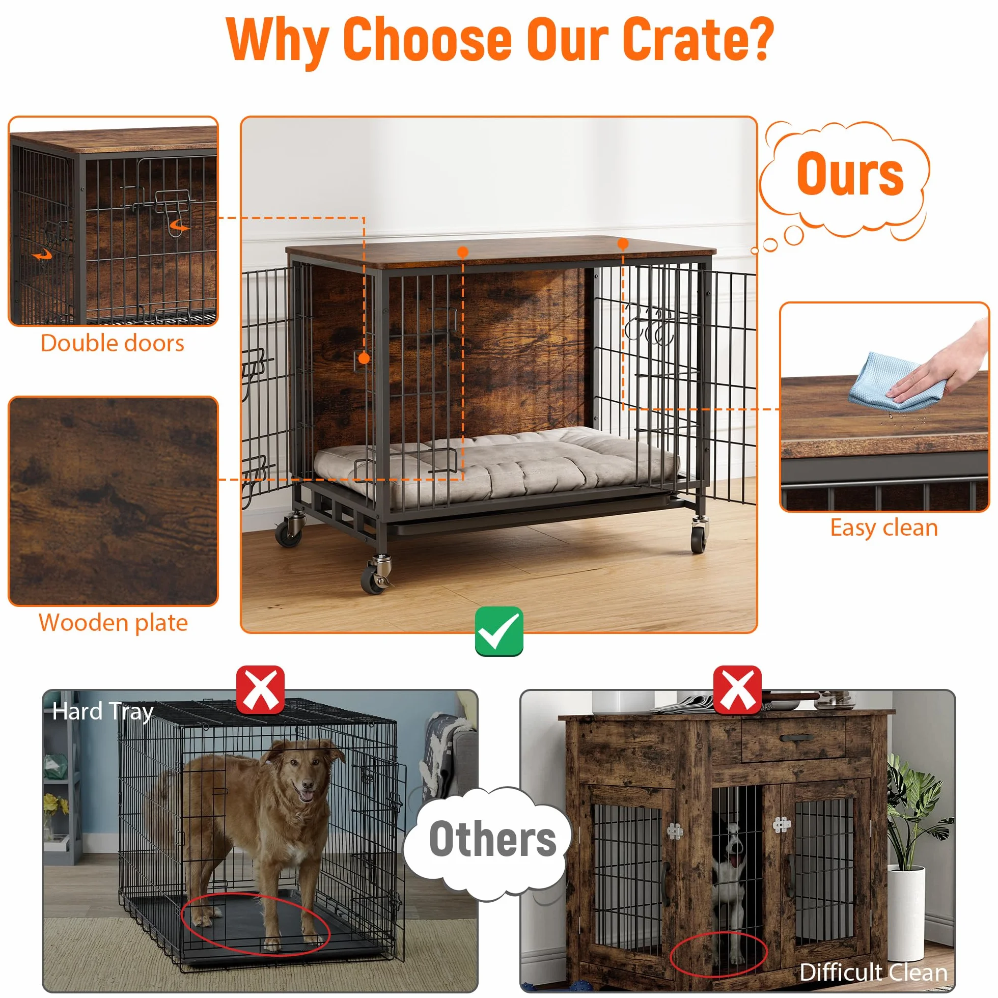 Cage pour chien meuble avec 2 portes et 4 roues 83 x 56 x 64 cm niche intérieur moderne table en bois