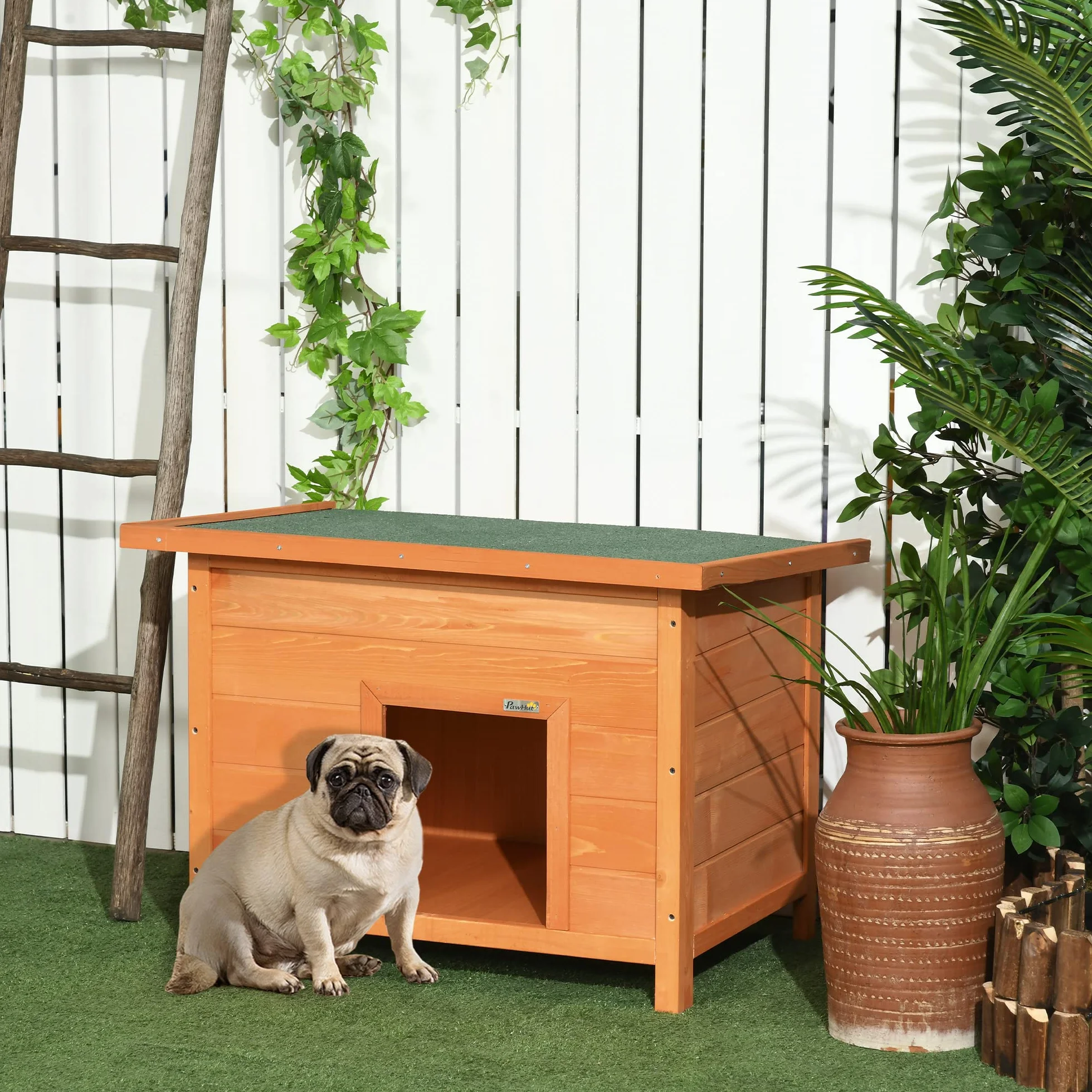 PawHut Niche pour Chien Chat en Bois sur Pied 85 x 58 x 58 cm pin Massif Marron Vert