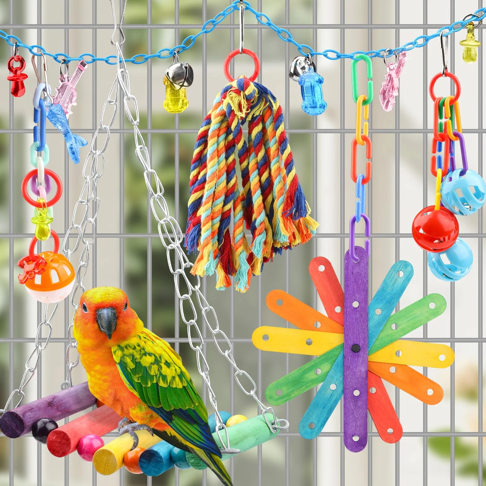 QUOZUO Jouets pour Oiseaux 9 Pièces Jouet Perroquet à Mâcher Suspendre Accessoire Cage Balançoire Échelle Cloches
