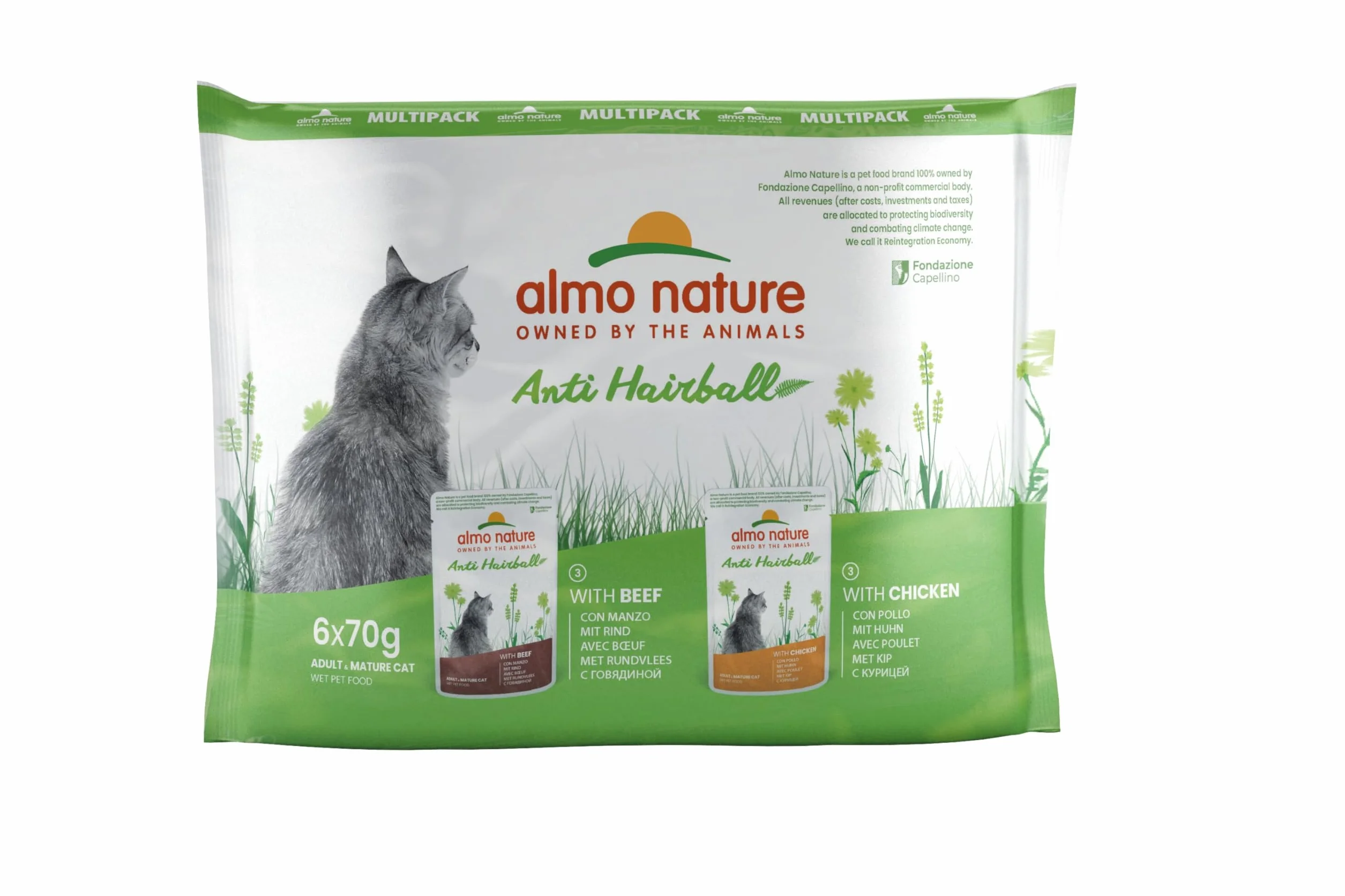 Almo Nature Functional Anti Hairball Nourriture Humide pour Chats Adultes Bœuf Poulet 70g Lot de 6