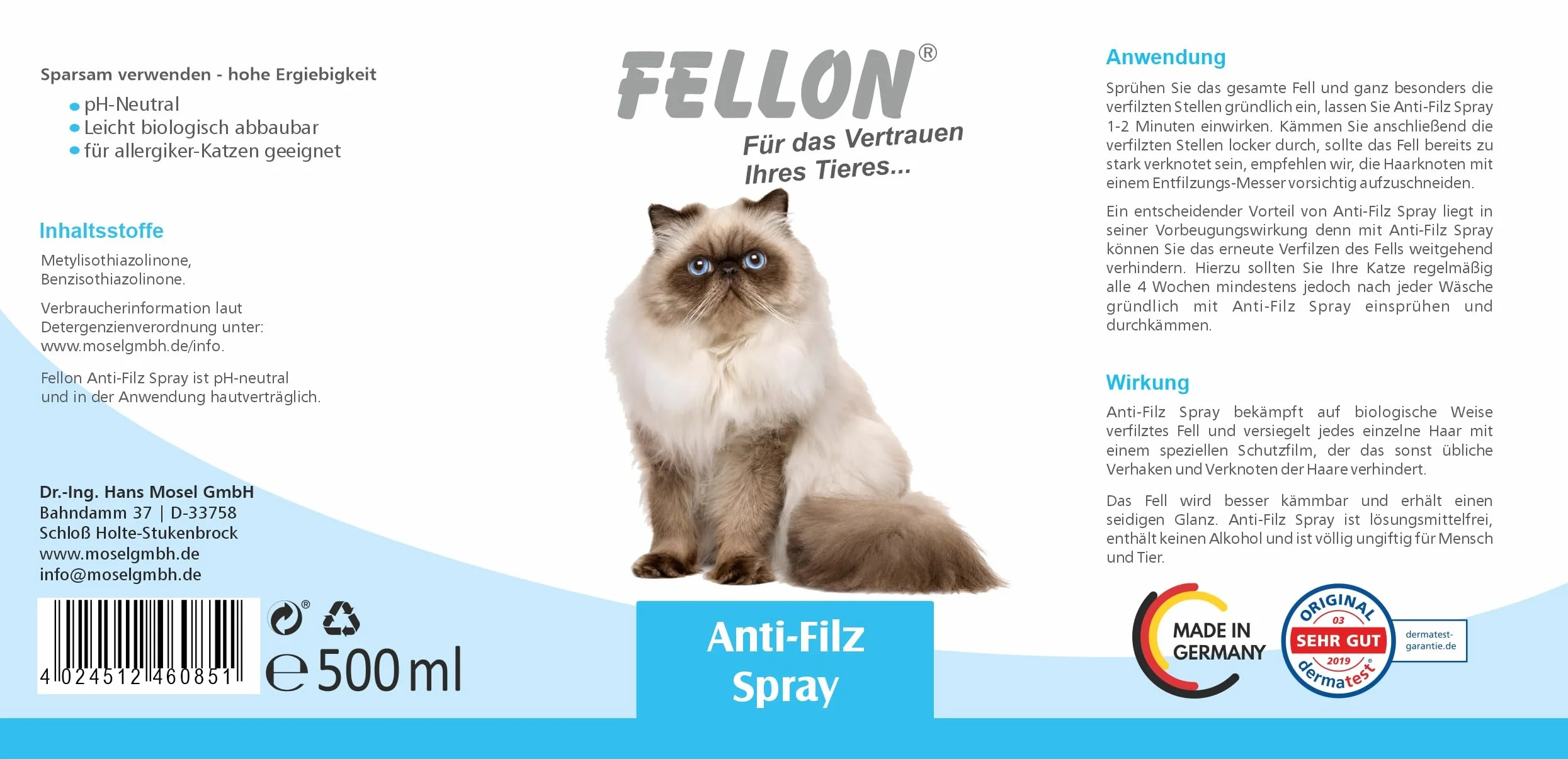 Fellon Spray anti-feutre pour chats - Spray démêlant 500 ml pH neutre - Soin du pelage brillance soyeuse
