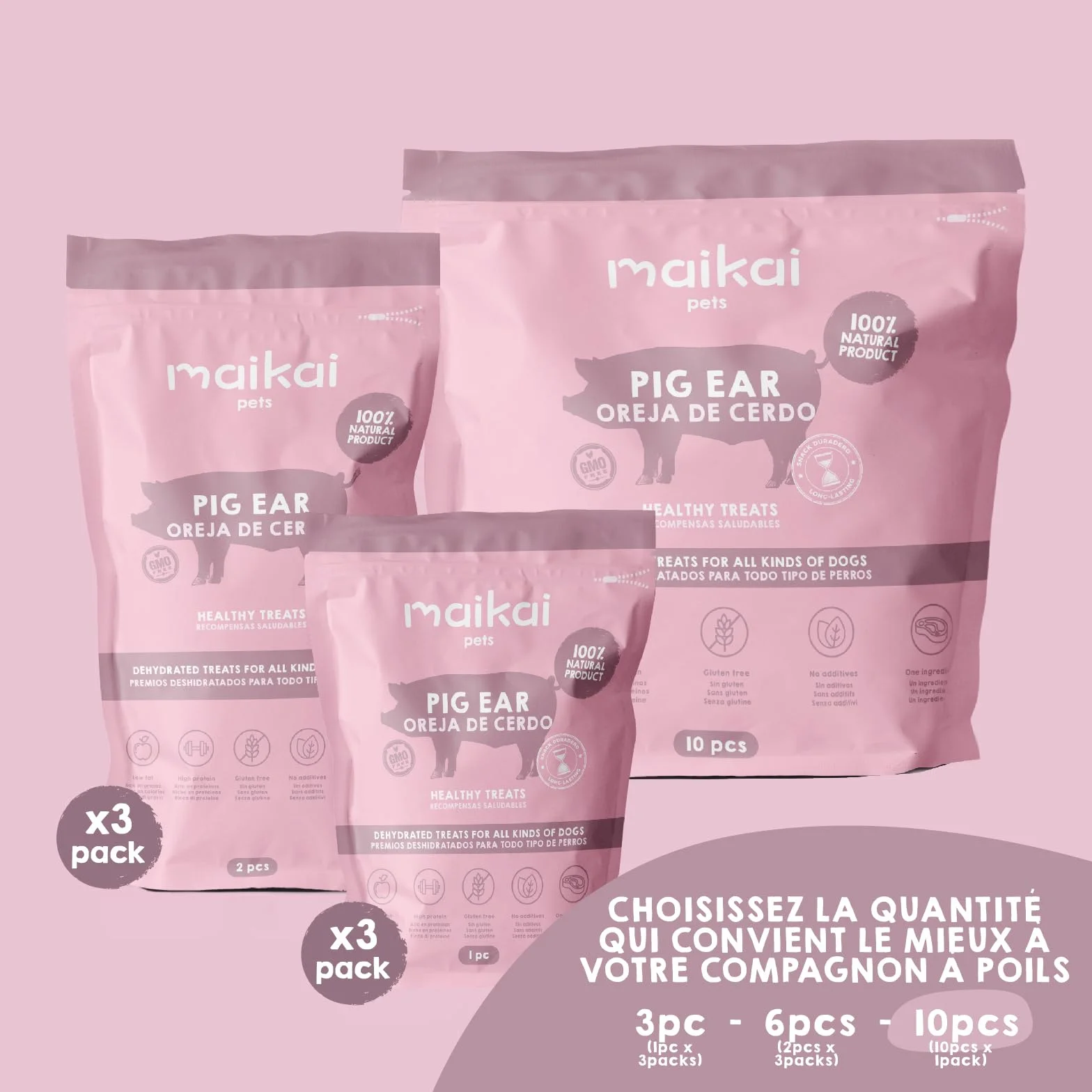 MAIKAI Lot Oreilles de Porc Séchées - Friandises Naturelles à Mâcher pour Chiens Riche en Protéines + sans Additifs Complément Alimentaire Idéal Barf