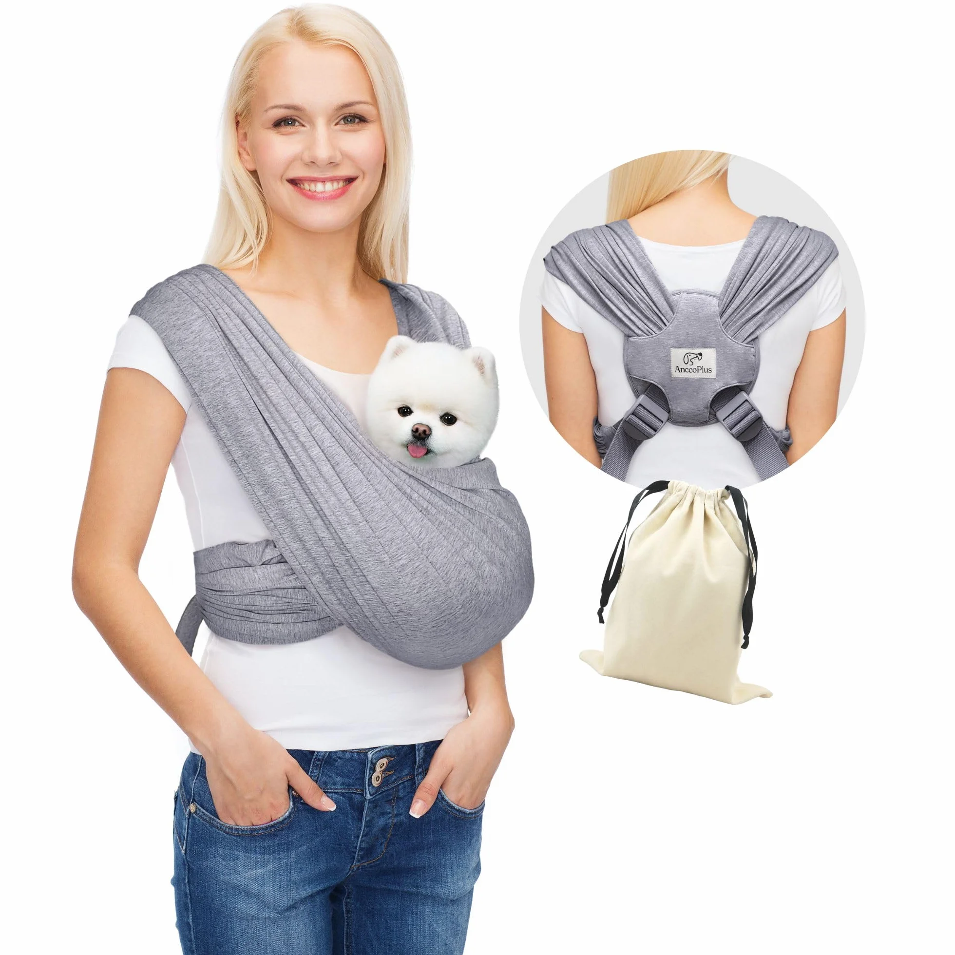 Écharpe de Transport pour Chien Petite Taille Mains Libres Taille Réglable Coton Doux Gris Chiné