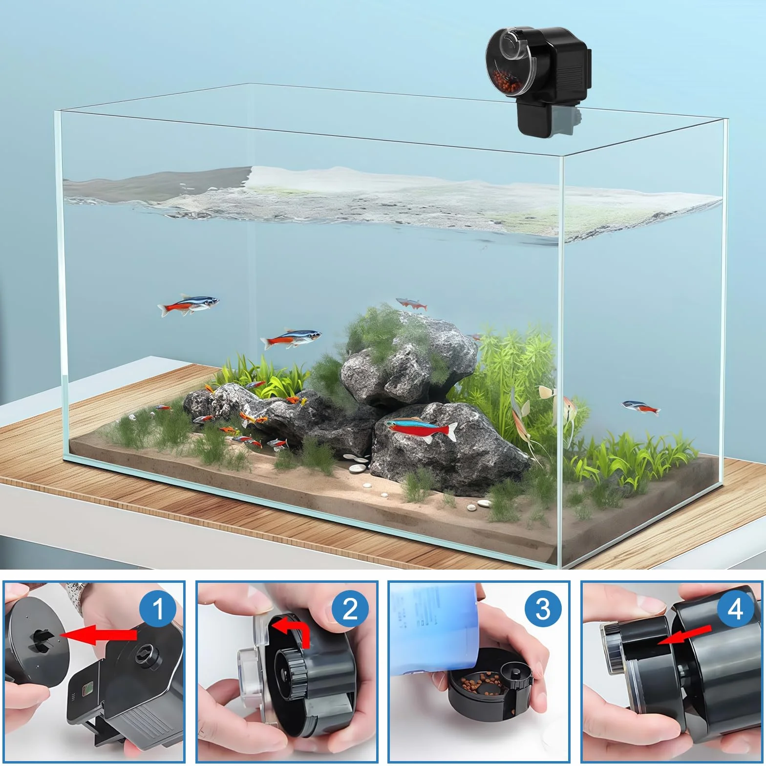 Distributeur automatique de nourriture pour poissons 60 ml pour granulés et bandes
