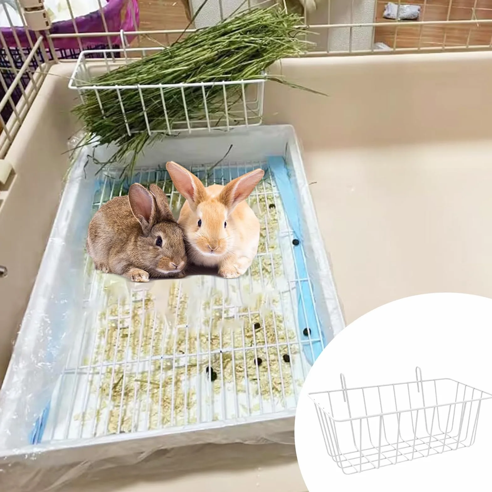 Lot de 2 mangeoires à foin en métal à suspendre pour lapin, blanc