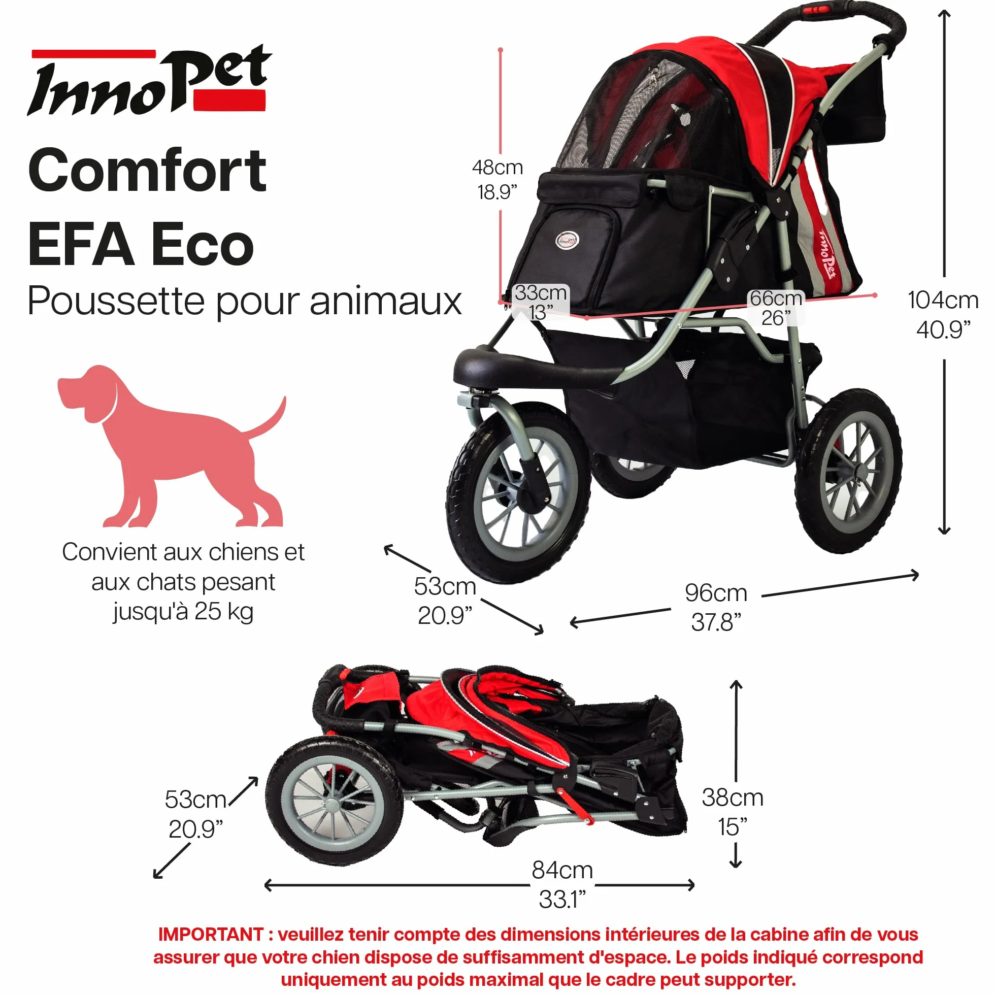 Poussette pour chiens et chats pliable Innopet Comfort Efa Eco Rouge/Noir 25 kg roues anti-crevaison 3 roues