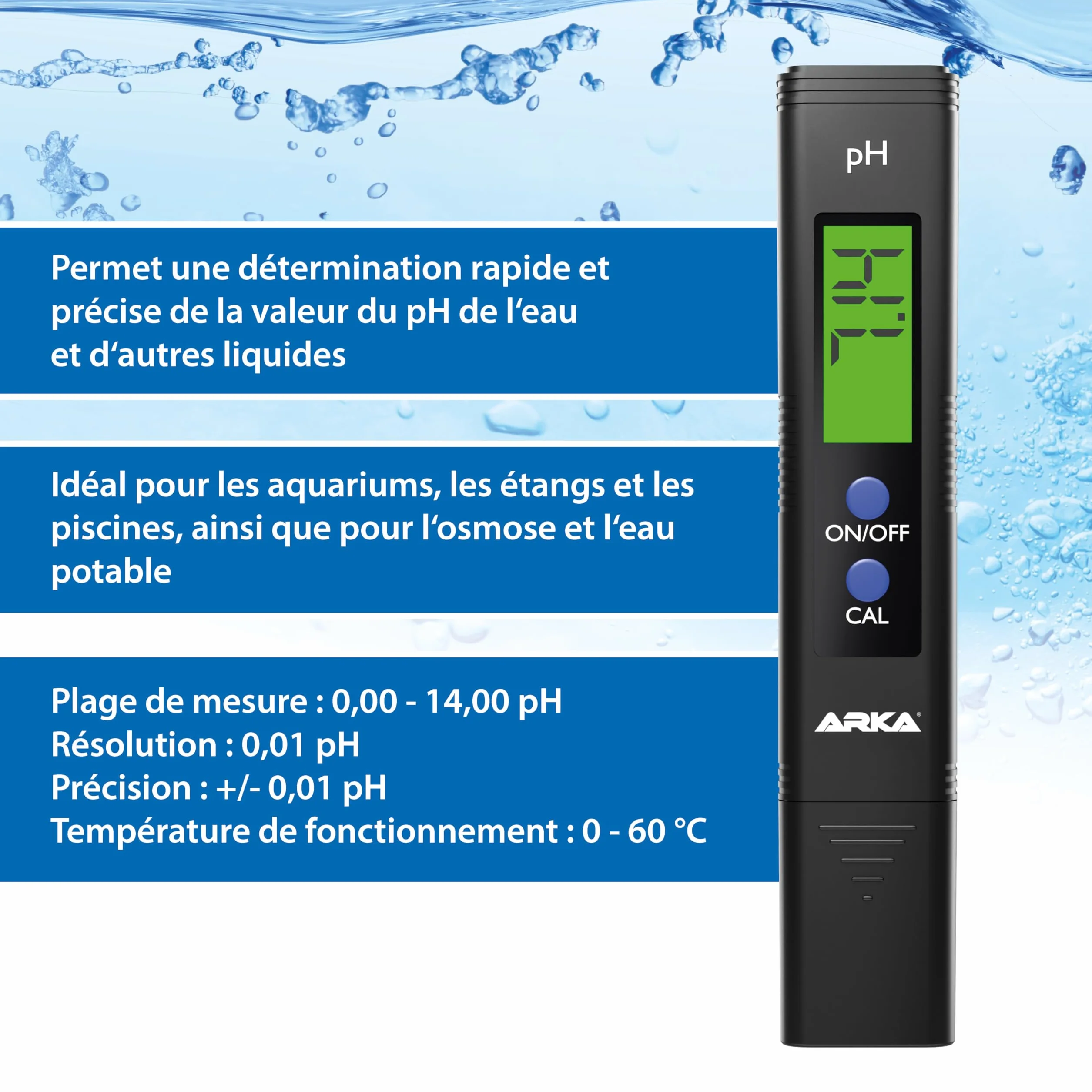ARKA Testeur pH Digital myAQUA pH-Mètre précis 0.00–14.00 calibré en Usine avec Poudre d’étalonnage pour Aquarium Piscine