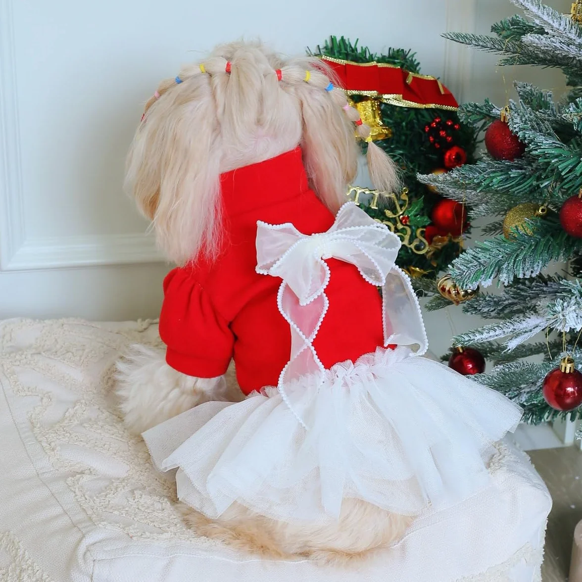 Robe de Noël pour Animal de Compagnie Motif Tulle Rouge et Blanc avec Nœud Tenue de Vacances pour Petits Chiens et Chats XL (5-7.3kg)