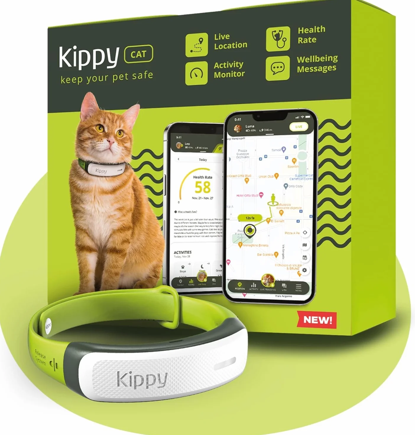 KIPPY Collier GPS pour Chats Kippy Cat Color – Traceur GPS de Santé et d'Activité Anti-étranglement avec Alerte Instantanée