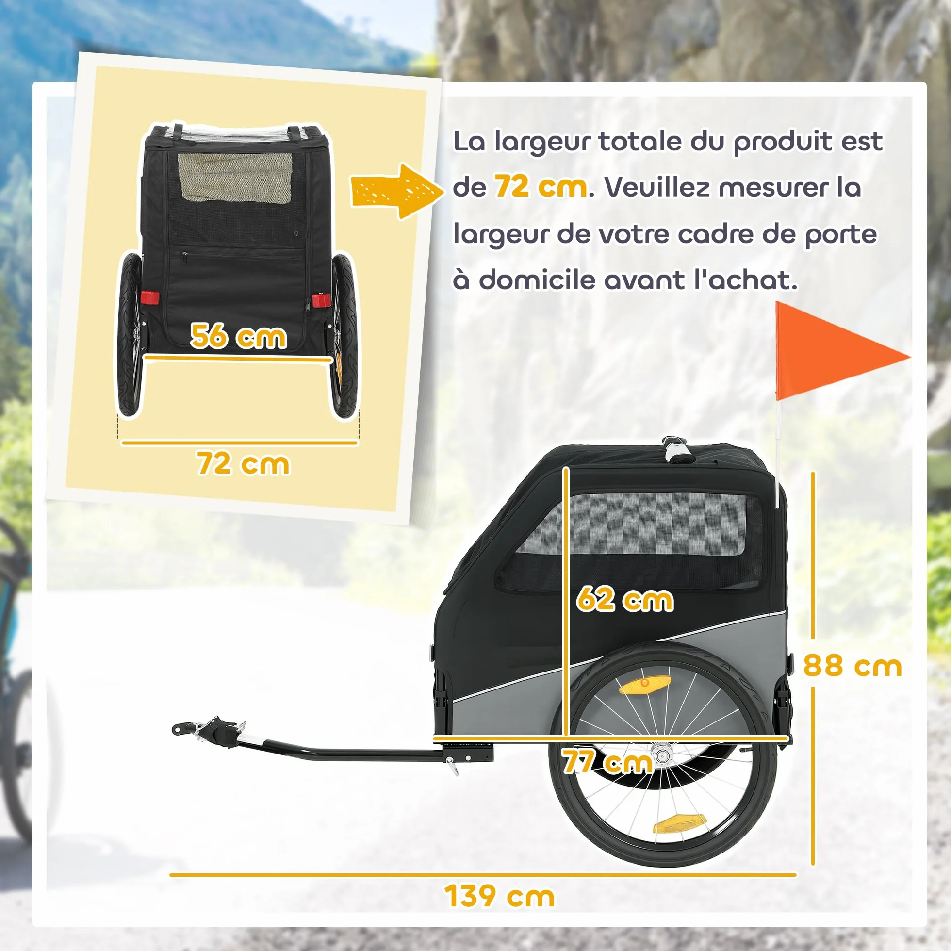 PawHut Remorque Vélo Chien avec Pneus 20" en Caoutchouc à Dégagement Rapide, Chariot pour Chien Moyen avec Attache Universelle, Réflecteurs, Drapeau, Laisse, Charge 20 kg, Gris et Noir