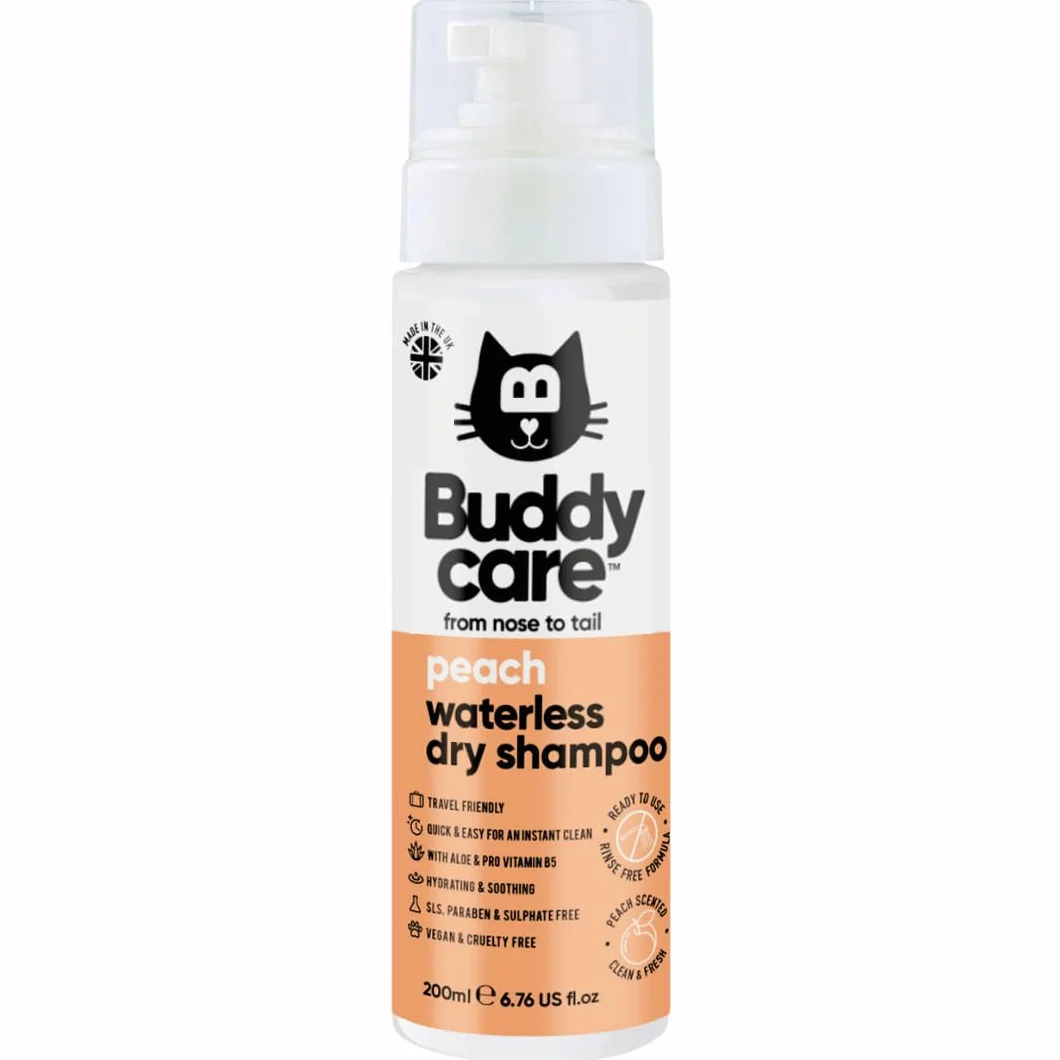 Buddycare Shampooing Sec sans Rinçage pour Chat à la Pêche 200ml avec Aloe Vera et Pro-Vitamine B5