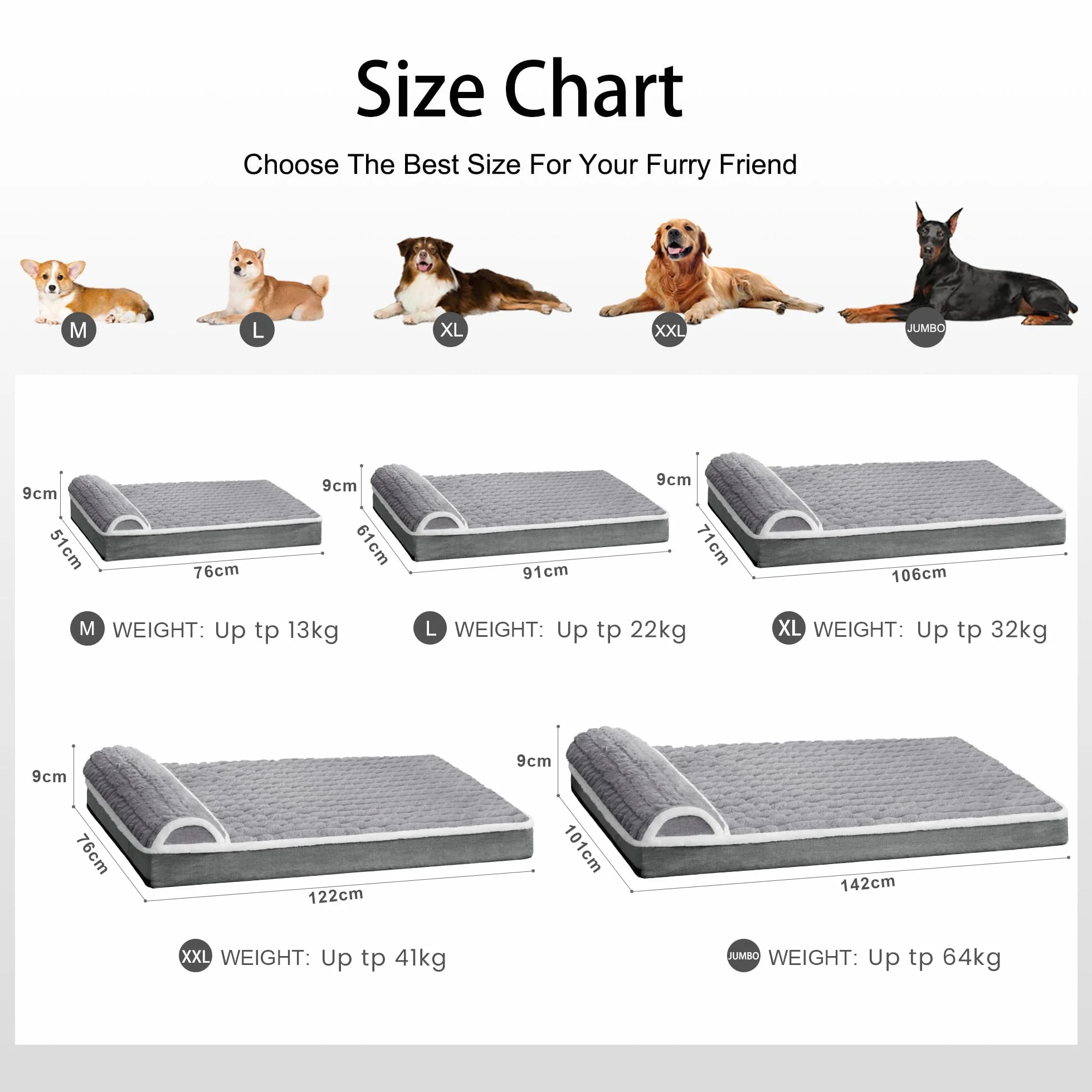 Panier Chien Moyen Orthopédique, Lit Matelas pour Chien avec Oreiller Latéral Moelleux, Coussin Déhoussable Lavable en Machine, Imperméable, Base Antidérapante, 91x61cm, Gris