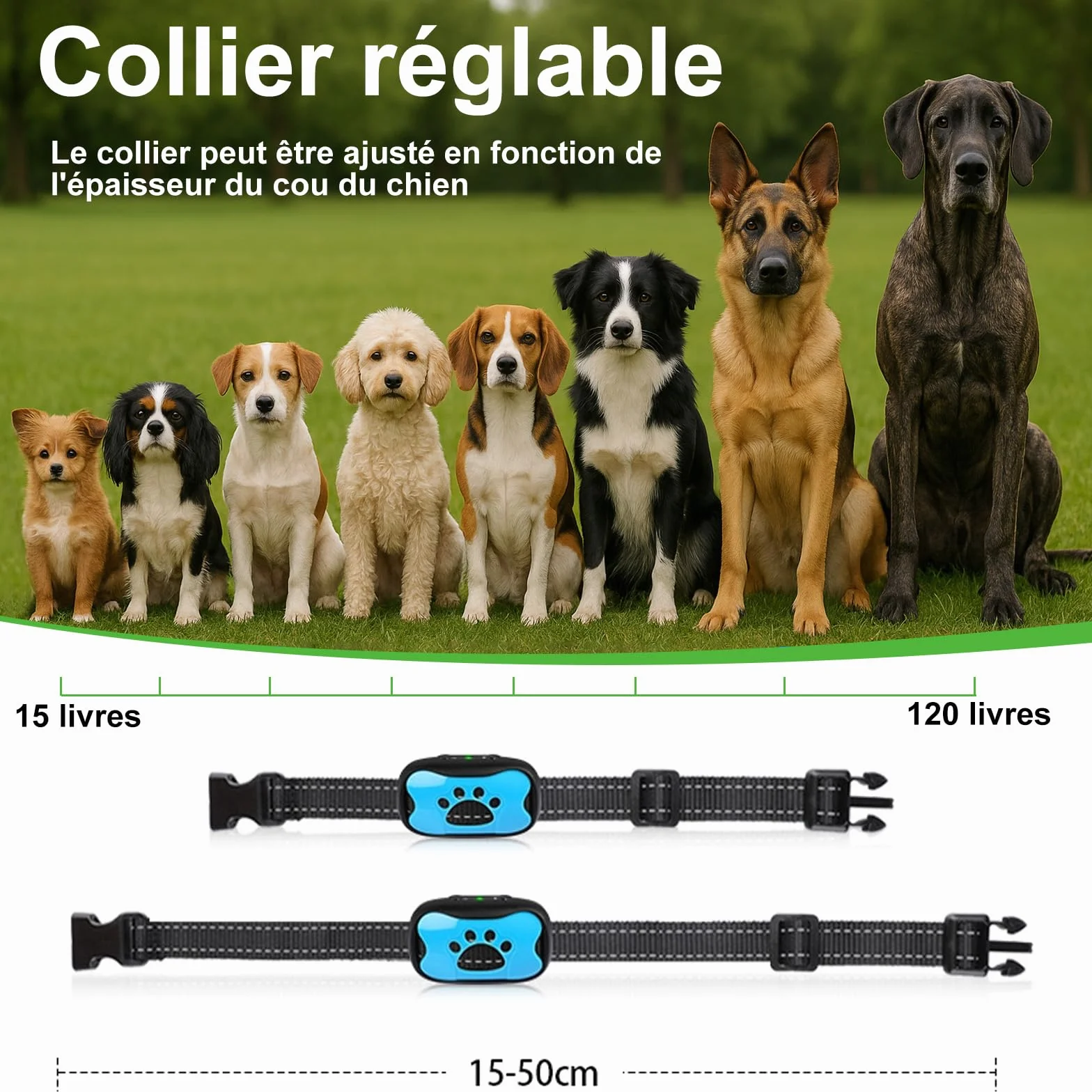Collier Anti-Aboiement pour Chien sans Douleur, 7 Niveaux Sensibilité, Vibration + Son, Rechargeable (Blue)