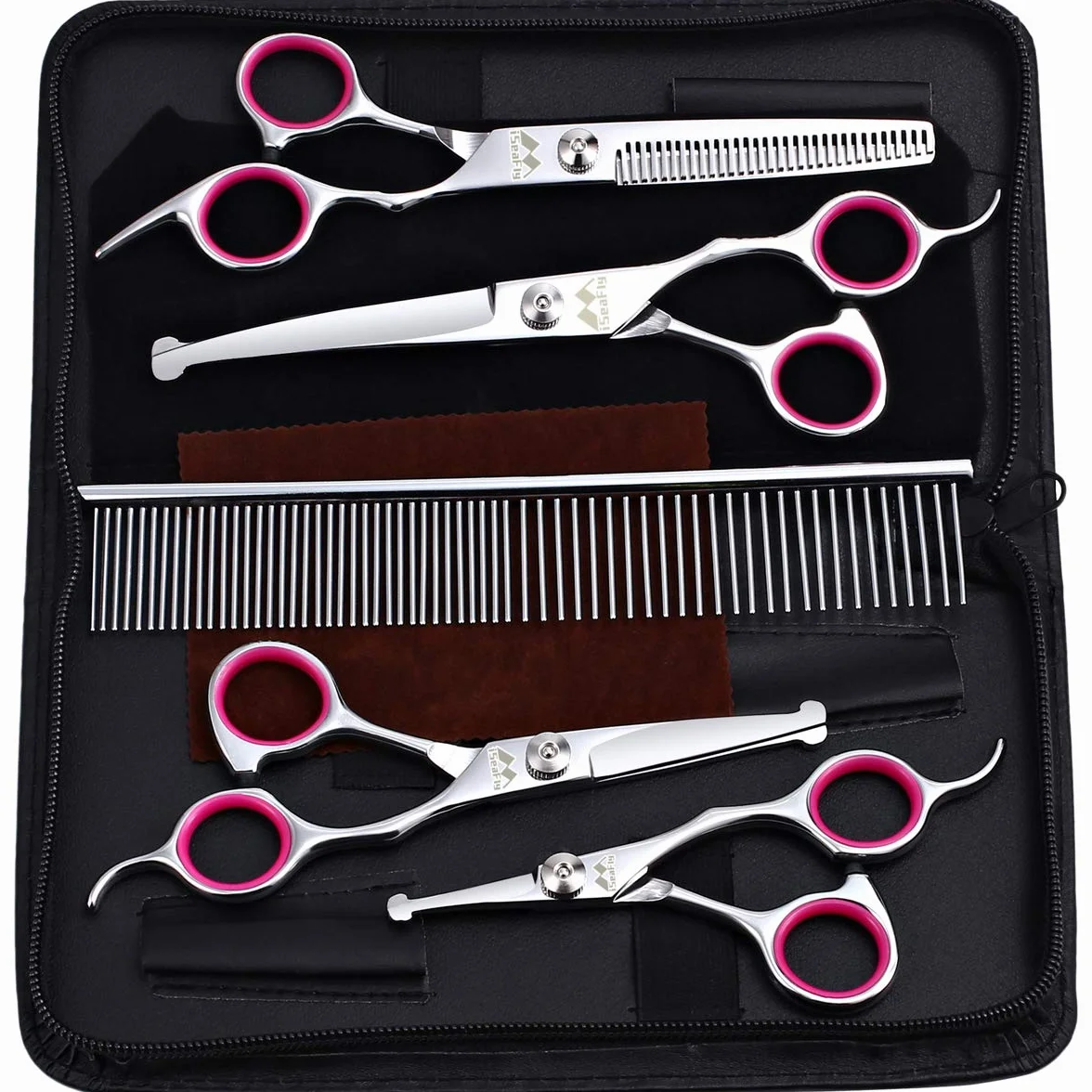 Chien Ciseaux Avec Embout rond, Lot de 5 Kit de Toilettage Pour Chien, Ciseaux de Toilettage Pour Animaux en Acier Inoxydable Pour Corps Entier, Visage, Nez, Oreille et Patte (Rose)