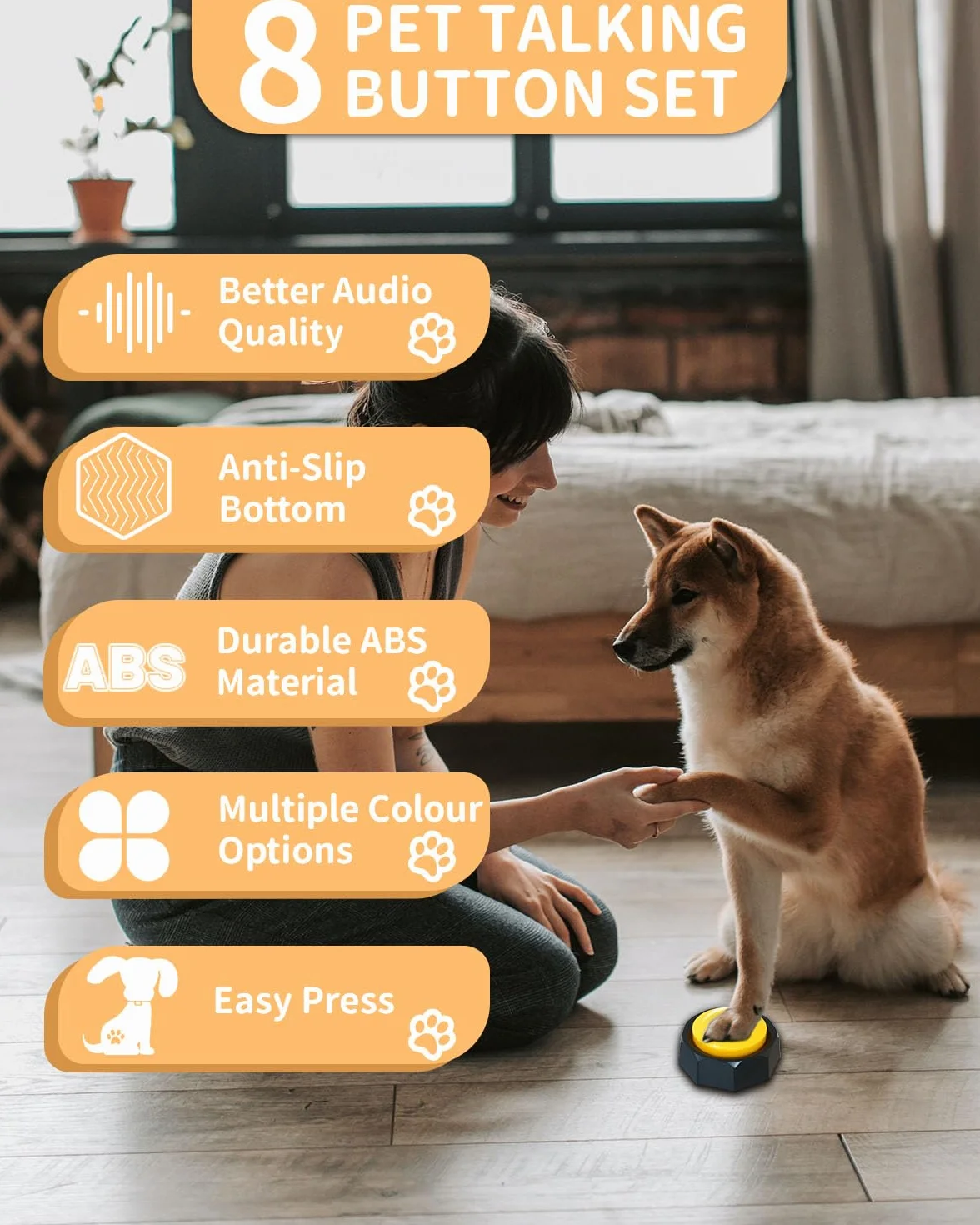 8 Boutons de Communication pour Chien colorés, Bouton de Conversation pour Chien, Bouton pour Chien, 50 Autocollants et 4 plaques d'accessoires pour Apprendre à Votre Chien à Parler