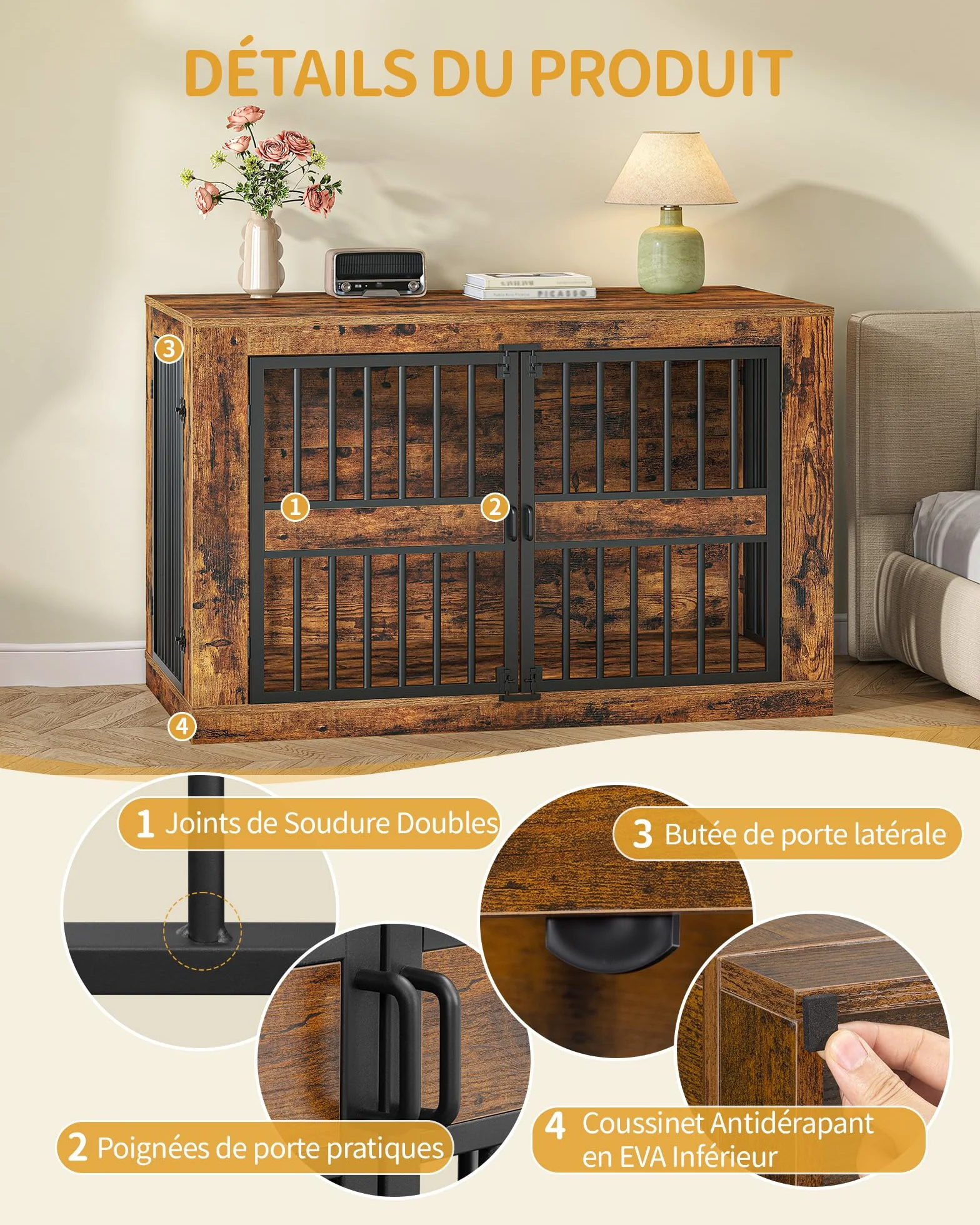 Cage pour Chien 120 cm Niche d'Intérieur en Bois Design Moderne 4 Portes XXL Table d'Appoint Marron Rustique