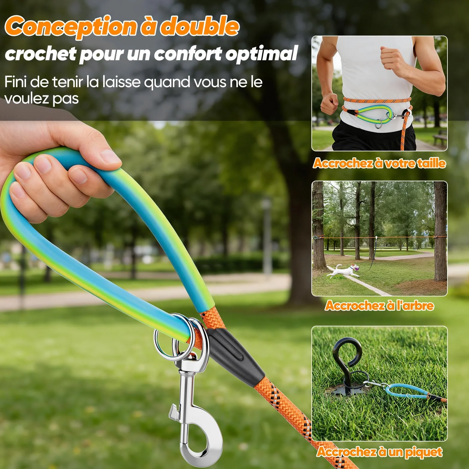 Laisse pour Chien Longue 5M 10M 15M 20M 30M avec Crochets Pivotants, Corde d'attache pour Petits Moyens Grands Chiens (Orange, 5M)