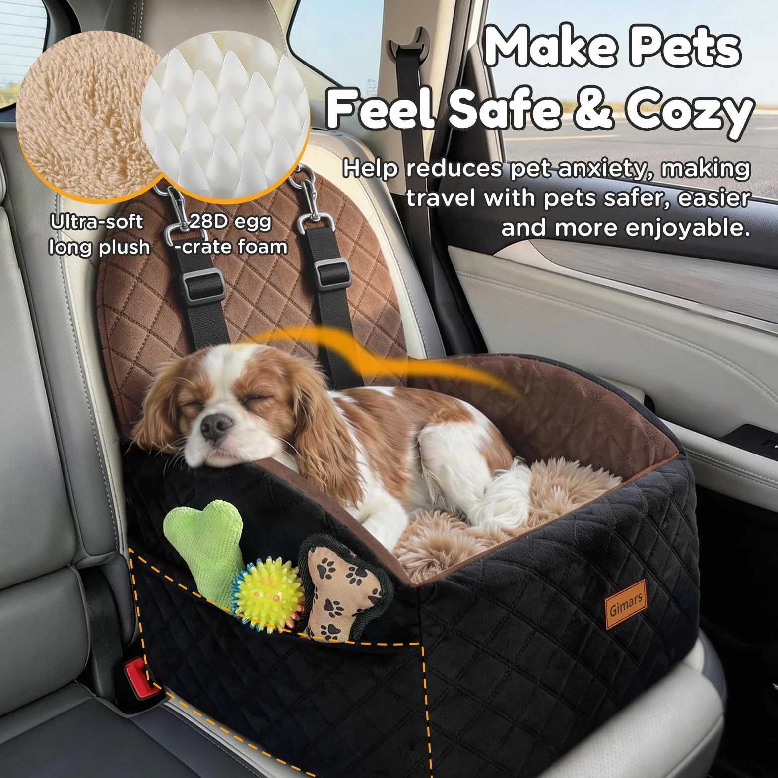Gimars Siège Auto Chien Réversible Peluche pour Petits/Moyens Chiens Jusqu'à 16kg, Amovible Lavable, Antidérapant, Panier Voiture avec Mousse 28D 15cm