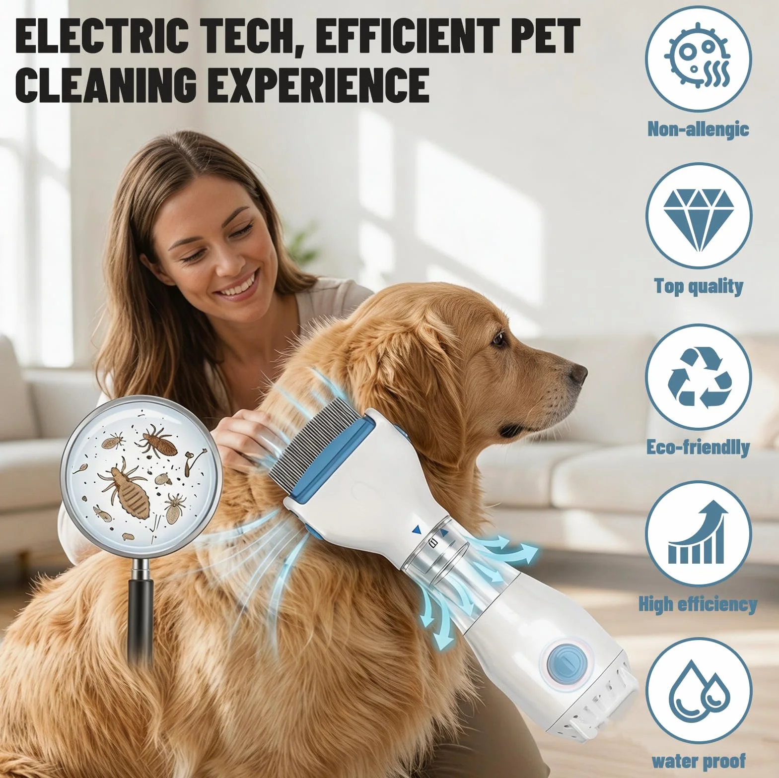 Peigne à puces électrique pour chien avec 3 sacs filtrants pour chiens et chats, anti-puces et tiques