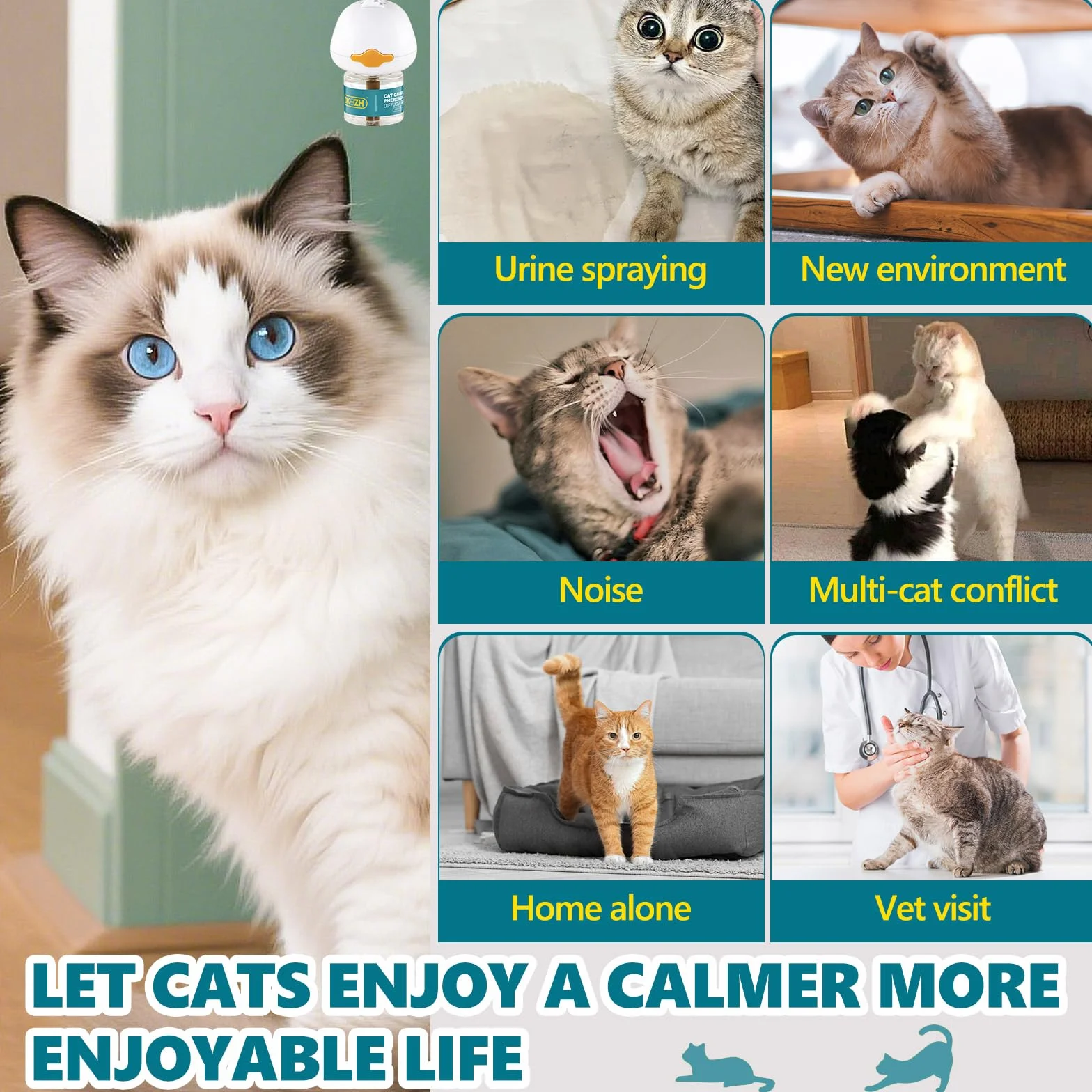 Diffuseur Phéromone pour Chat 3 en 1 Anti Stress, 60 Jours, 1 Diffuseur + 2x48ml Recharges