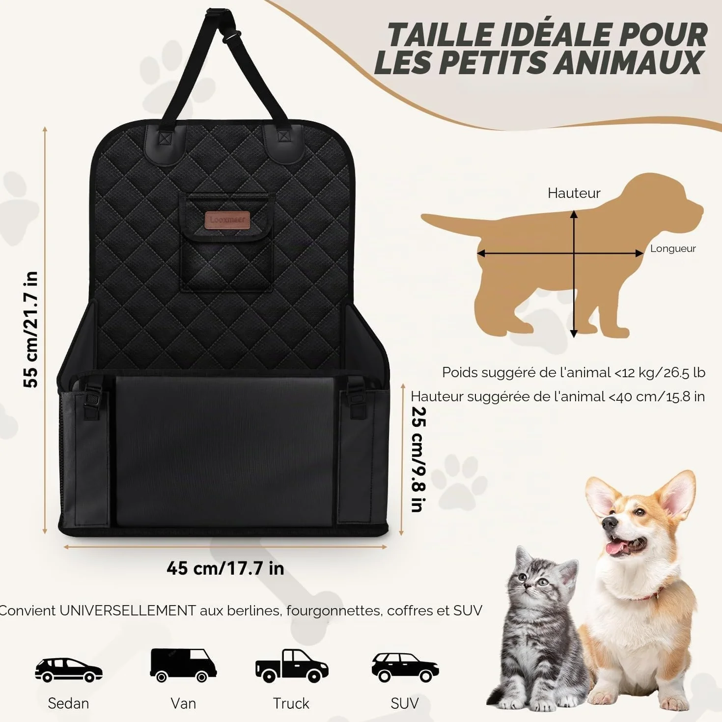 Siège Auto Chien Sécurisé Imperméable Anti-Griffes Filet Rangement Ceinture Sécurité Adjustable Noir