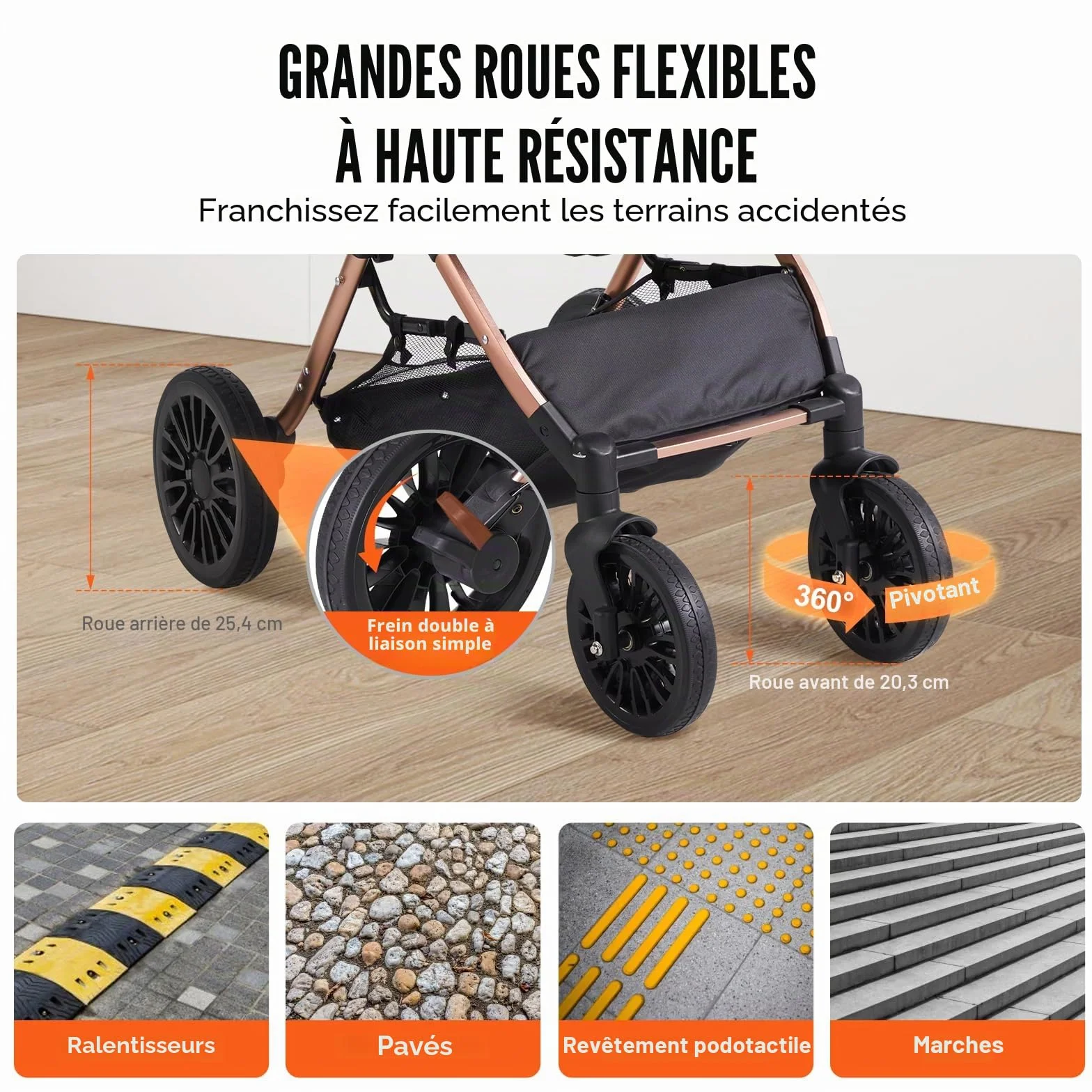 VEVOR Poussette pour Chien 4 Roues Pivotantes avec Freins 30 kg Noir