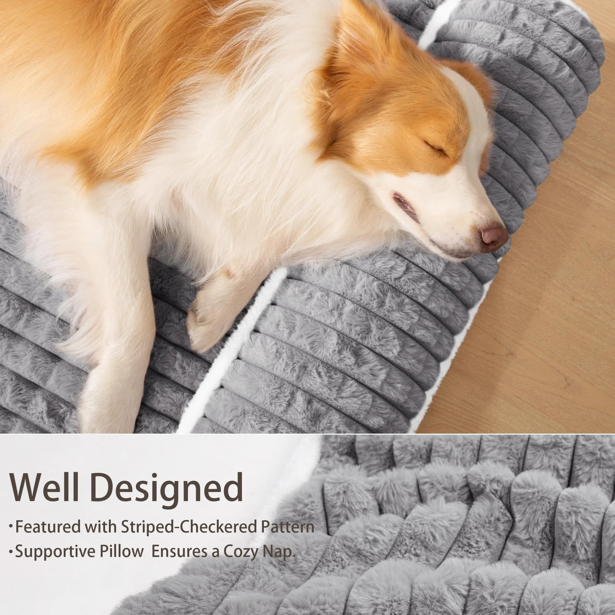 Panier Chien Moyen Orthopédique, Lit Matelas pour Chien avec Oreiller Latéral Moelleux, Coussin Déhoussable Lavable en Machine, Imperméable, Base Antidérapante, 91x61cm, Gris