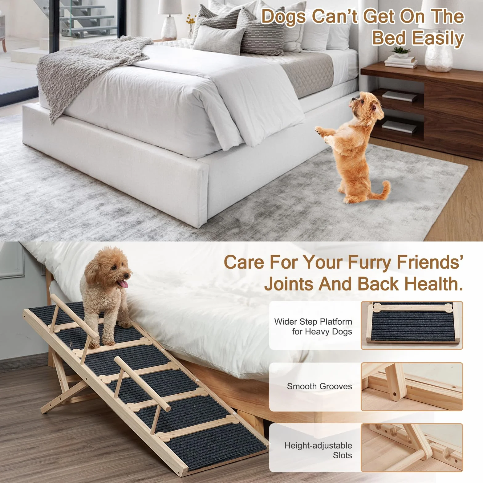 Rampe pour chien en bois 120 cm antidérapante 6 hauteurs réglables 40-71 cm avec tapis de traction