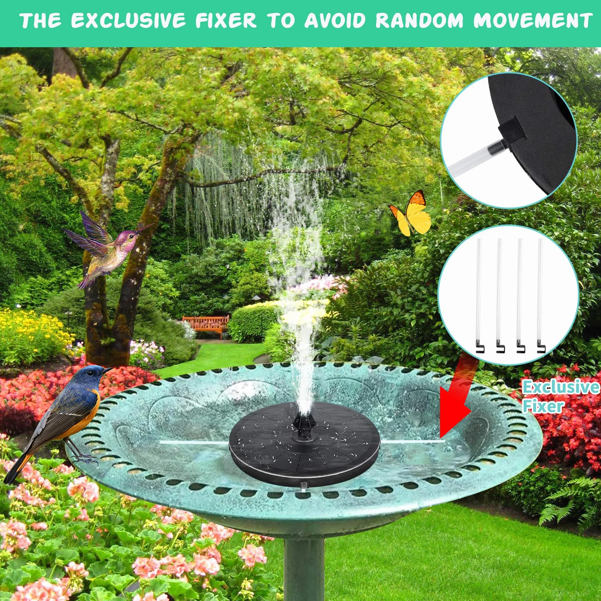 Bain d'oiseaux Vertical avec Fontaine Solaire, Distributeur de Nourriture pour Oiseaux Sauvages, 2 en 1, Vert